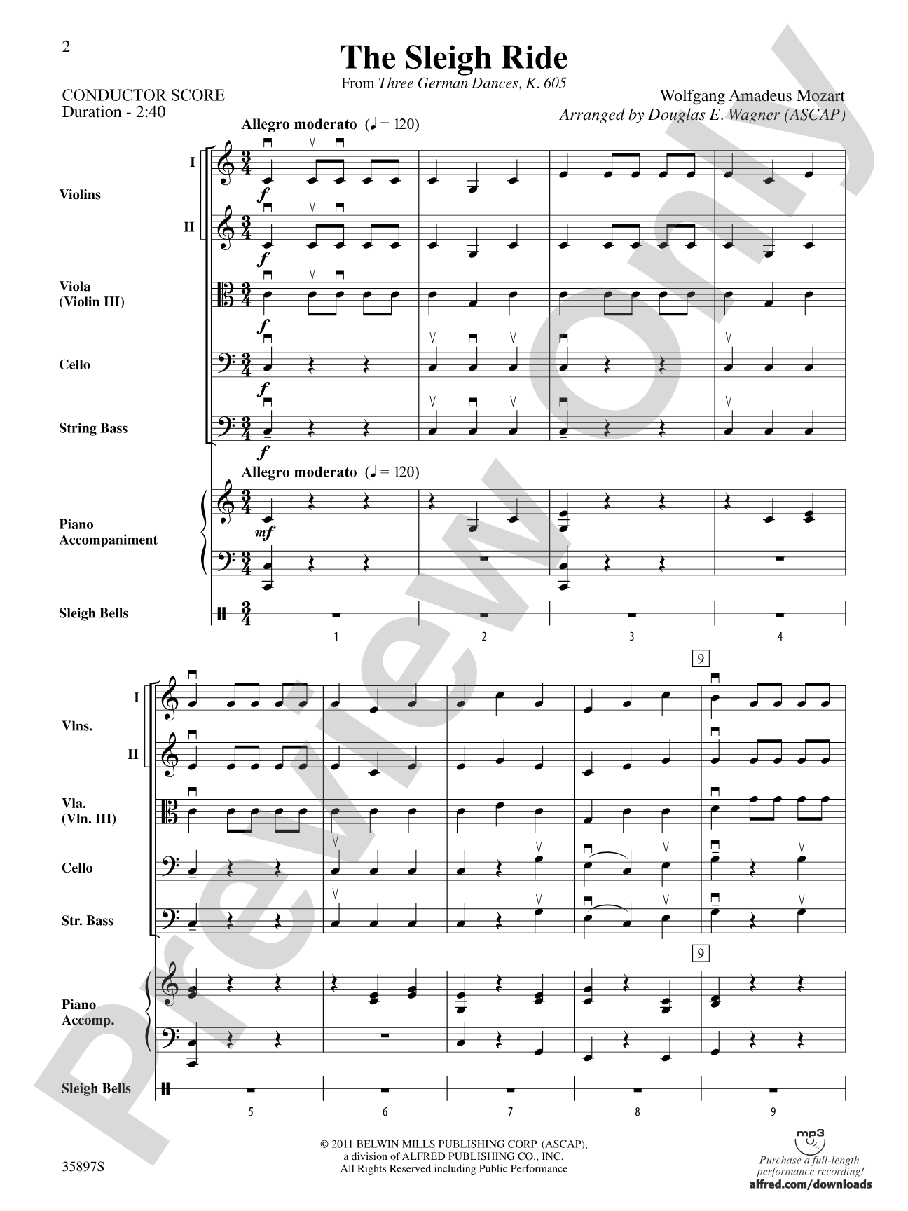The Sleigh Ride (from Three German Dances, K. 605): String Orchestra Conductor Score & Parts
