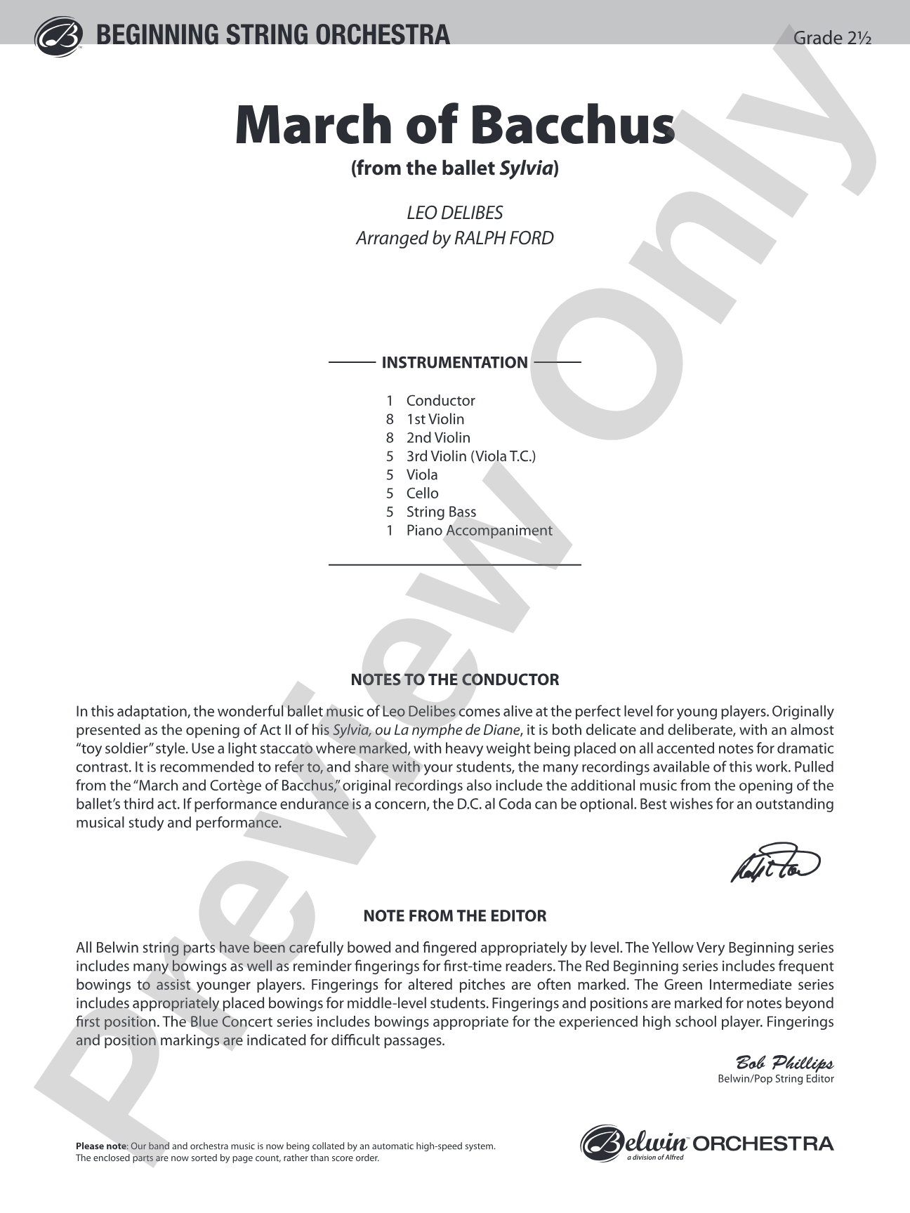 March of Bacchus (from the ballet Sylvia): String Orchestra Conductor Score & Parts