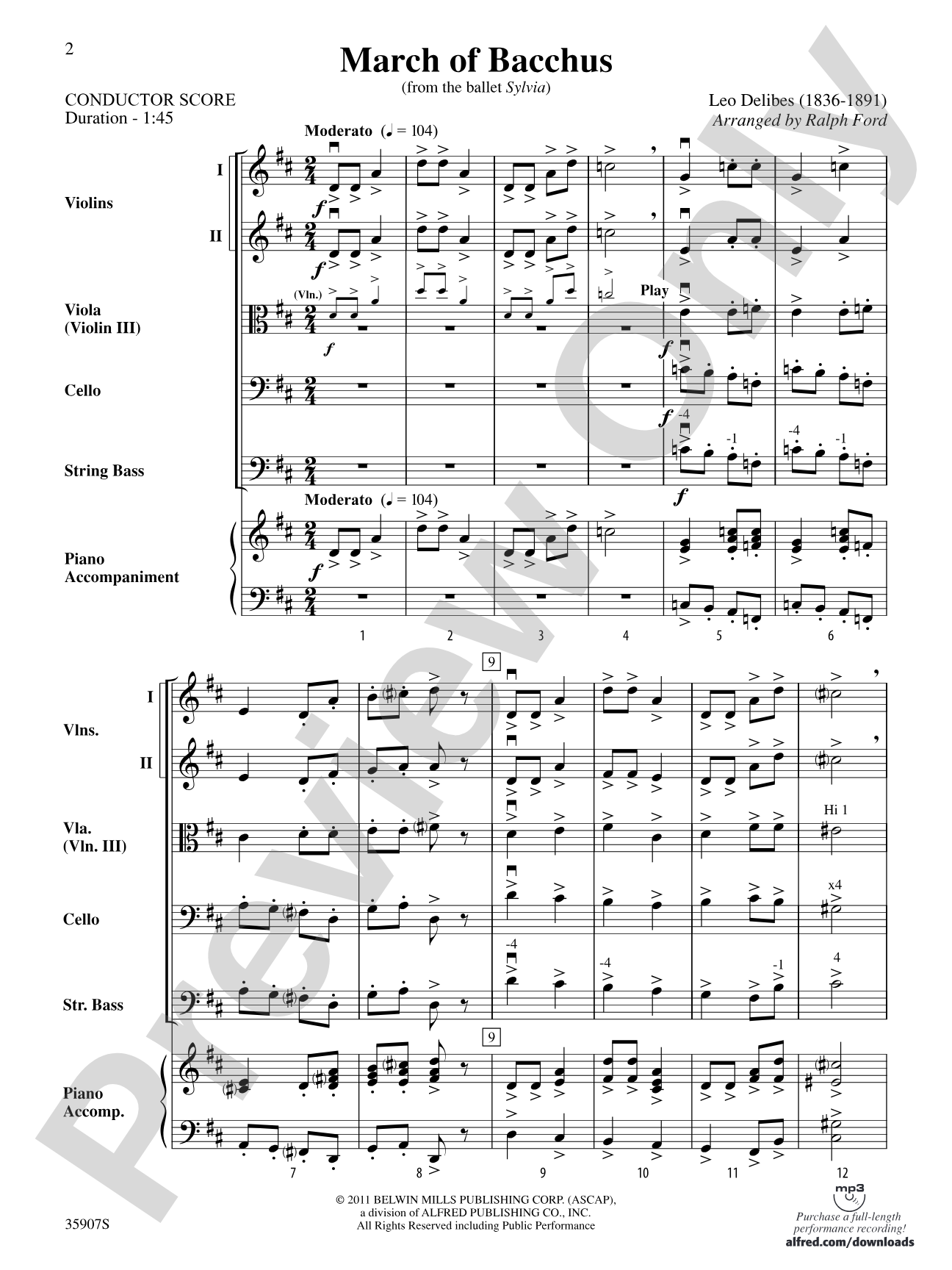 March of Bacchus (from the ballet Sylvia): String Orchestra Conductor Score & Parts