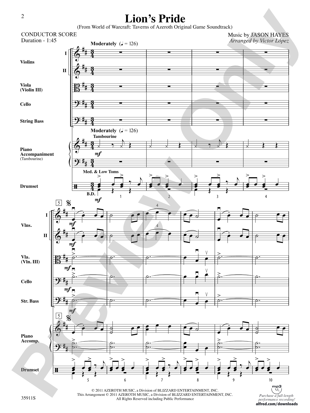 Lion’s Pride (from World of Warcraft: Taverns of Azeroth Original Game Soundtrack): String Orchestra Conductor Score & Parts