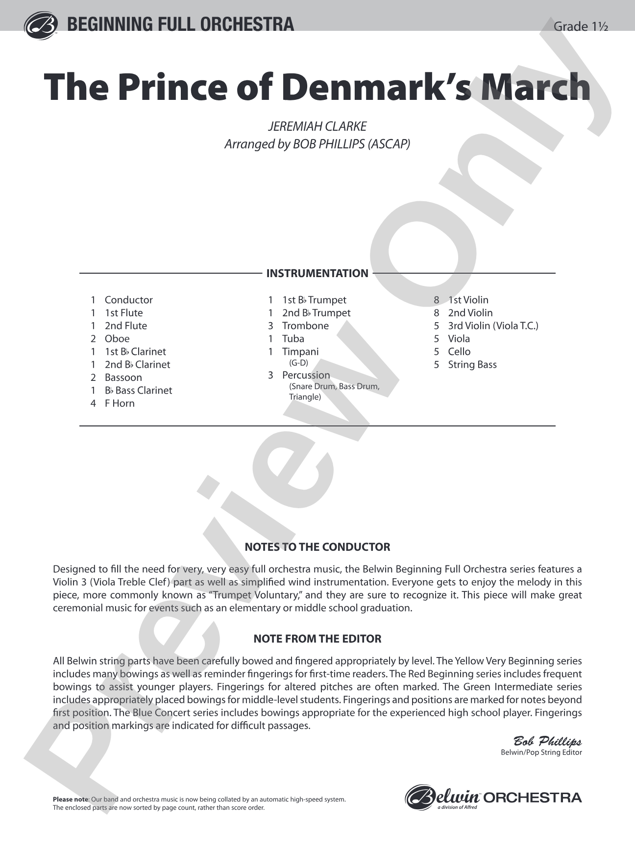 The Prince of Denmark's March: Full Orchestra Conductor Score & Parts