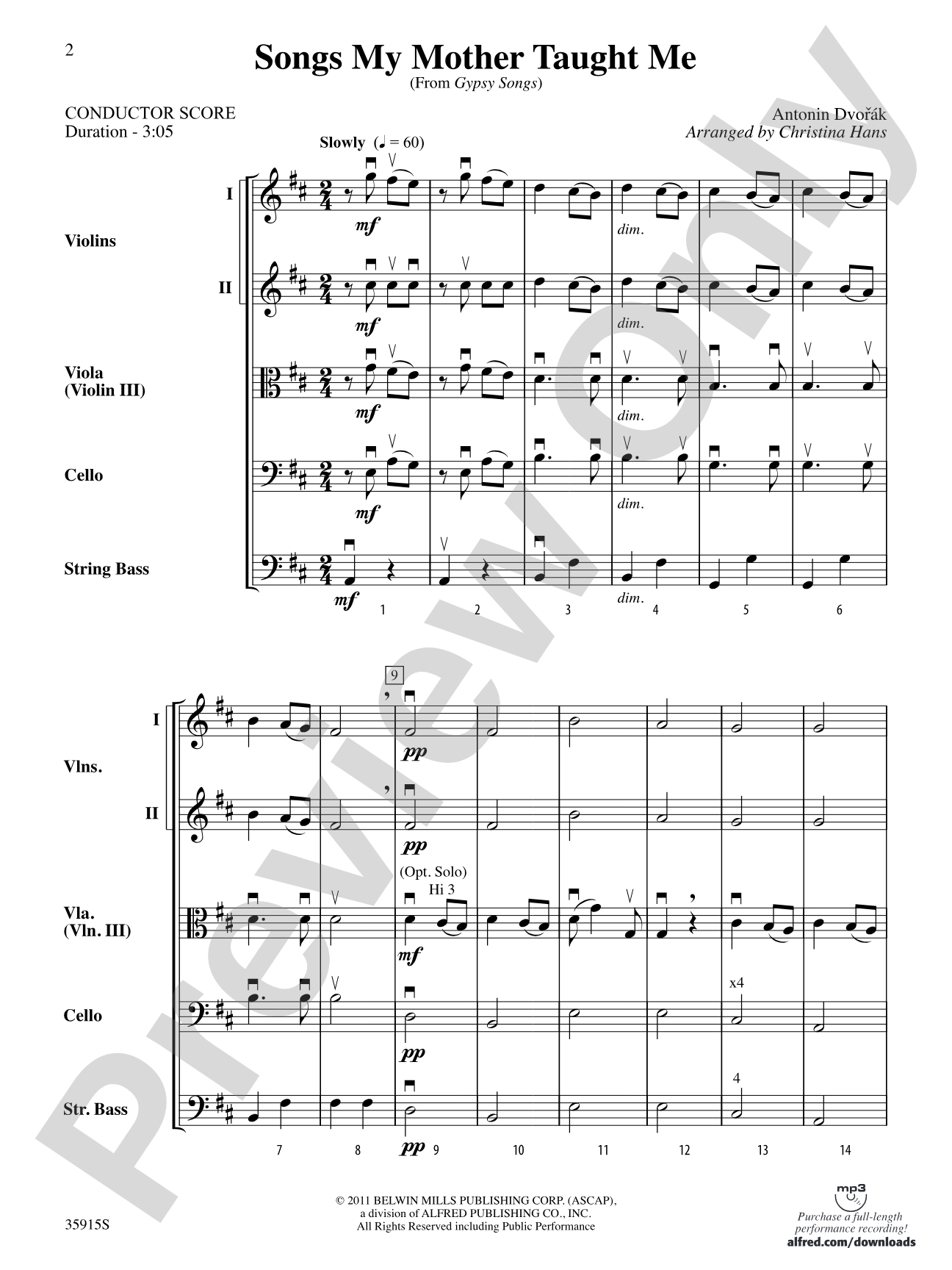 Songs My Mother Taught Me (from "Gypsy Songs"): String Orchestra Conductor Score & Parts