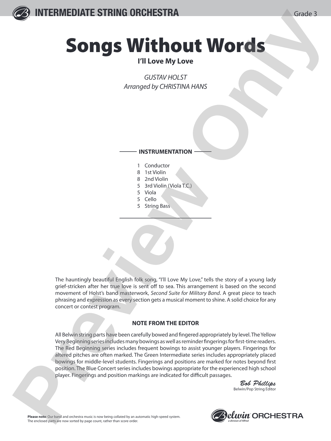 Song Without Words: String Orchestra Conductor Score & Parts