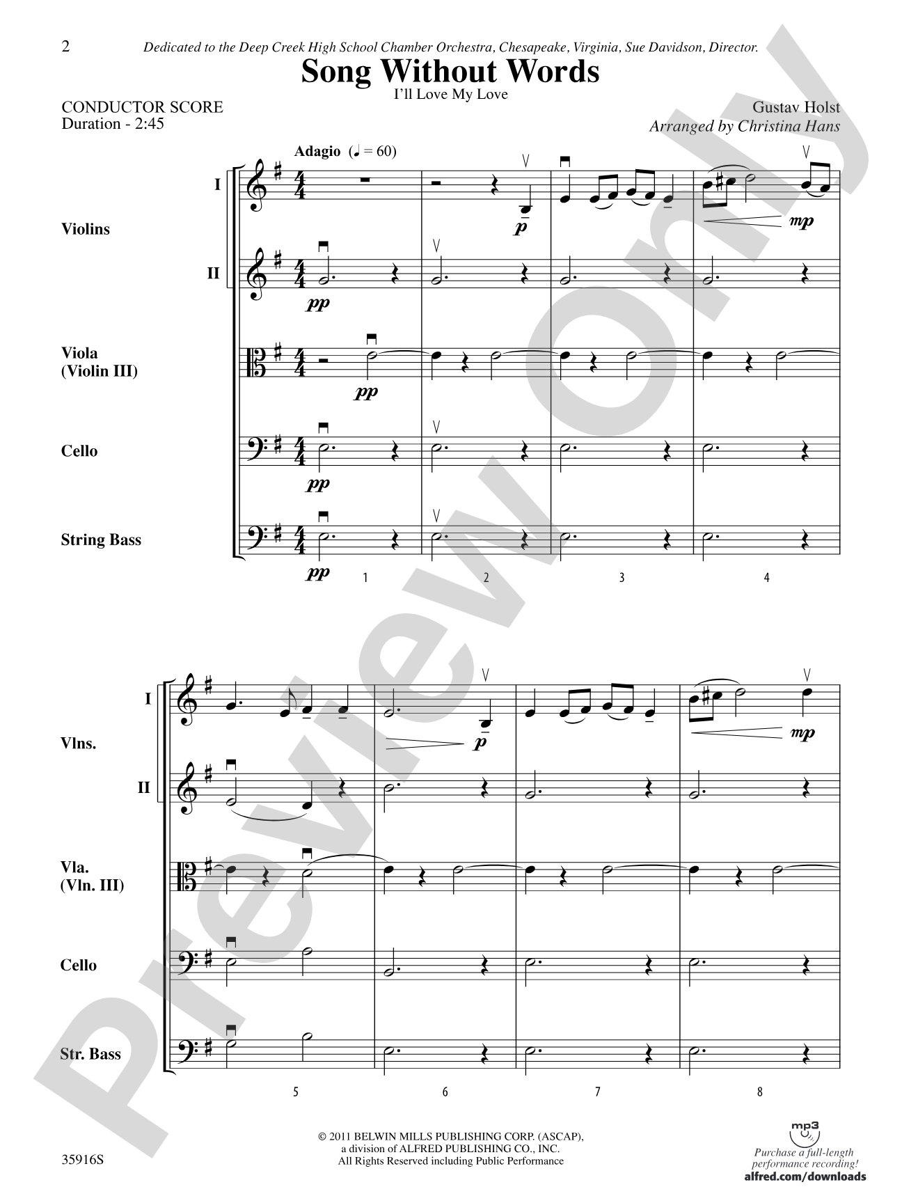 Song Without Words: String Orchestra Conductor Score & Parts