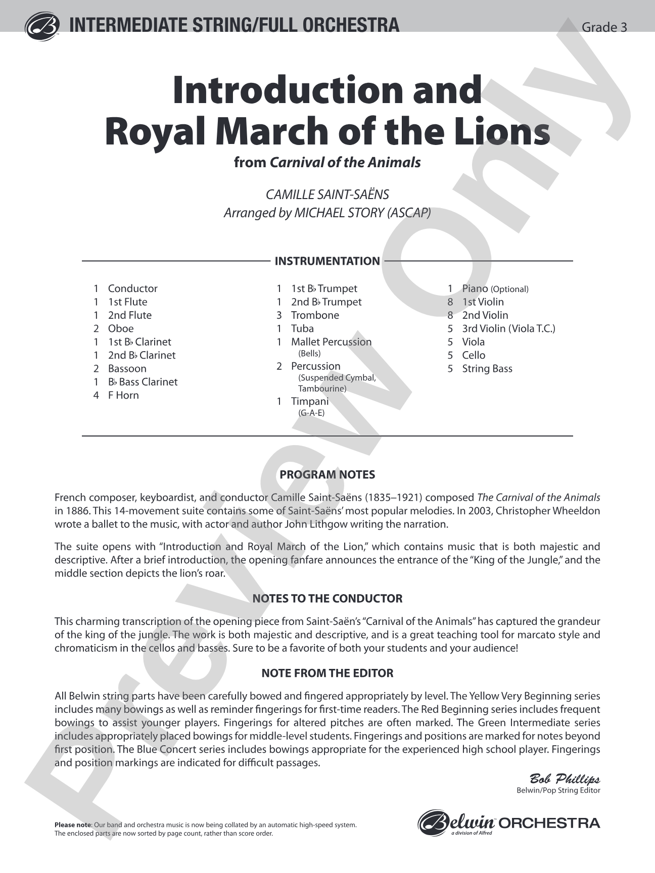 Introduction and Royal March of the Lions (from Carnival of the Animals): Full Orchestra Conductor Score & Parts