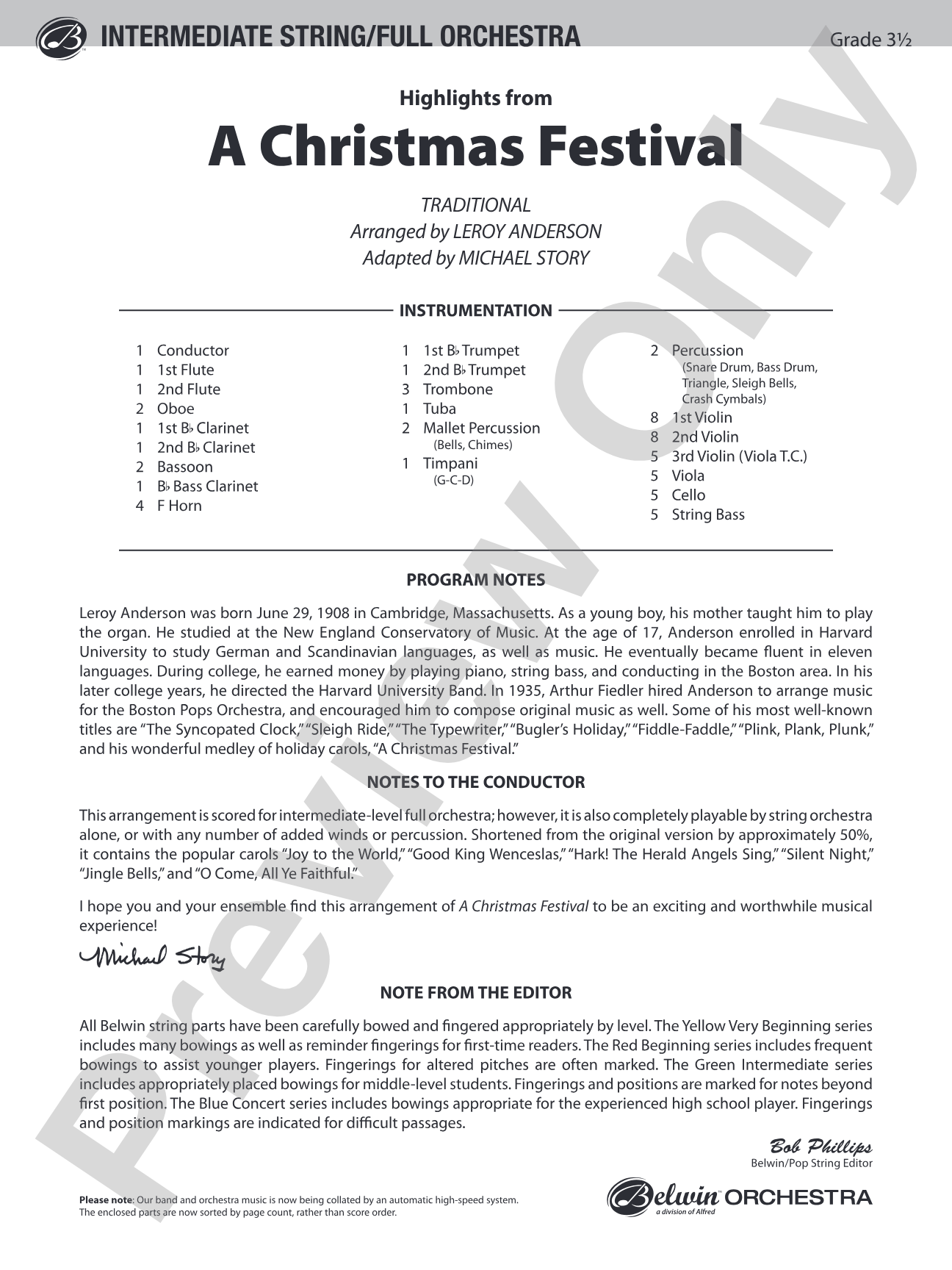 A Christmas Festival, Highlights from: Full Orchestra Conductor Score & Parts
