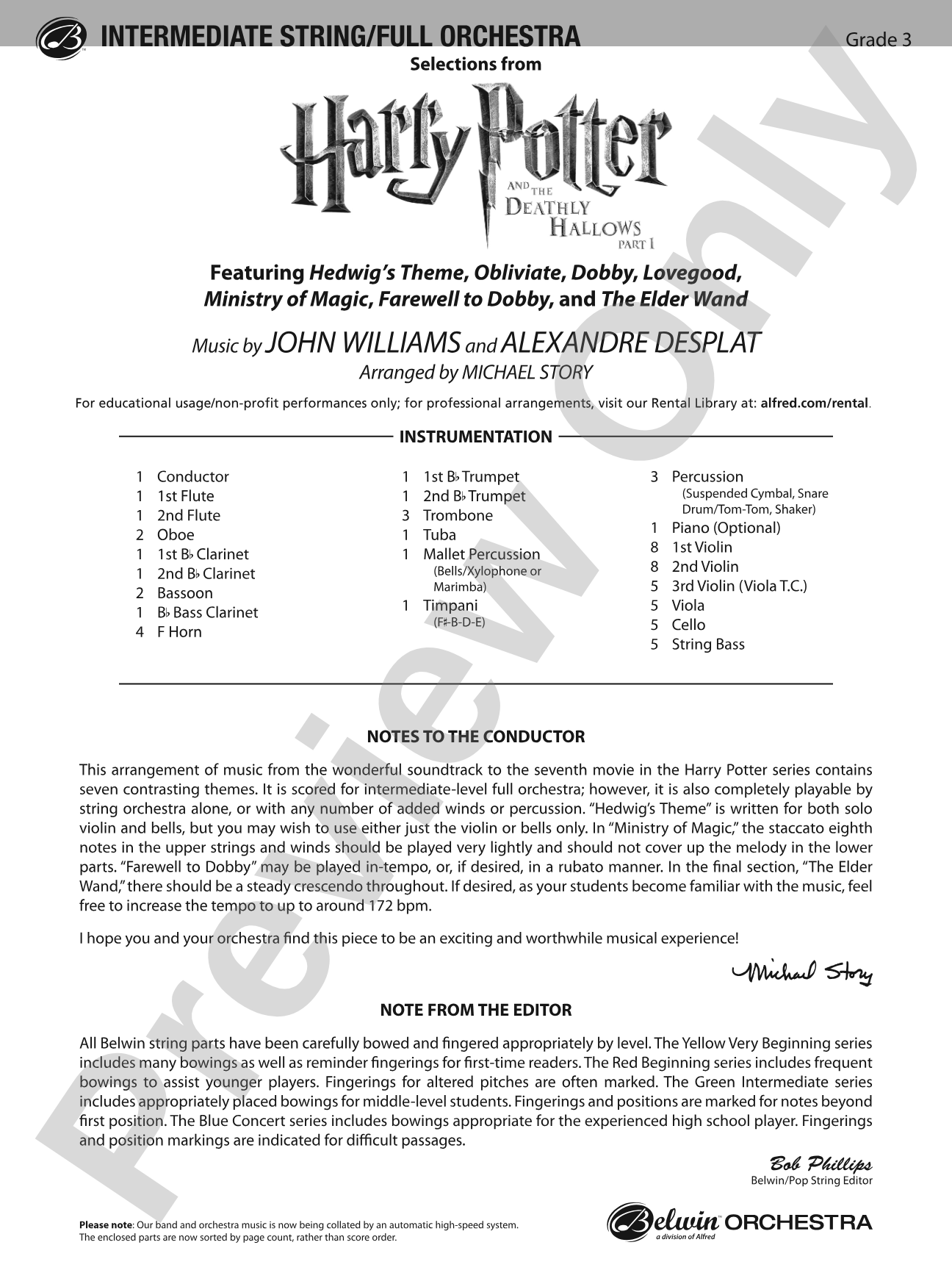 Harry Potter and the Deathly Hallows, Part 1, Selections from: Full Orchestra Conductor Score & Parts