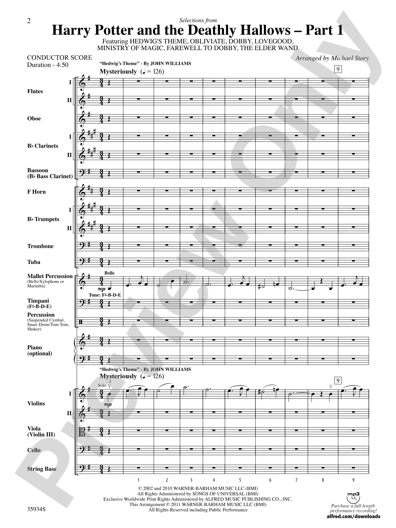 Harry Potter and the Deathly Hallows, Part 1, Selections from: Full Orchestra Conductor Score & Parts