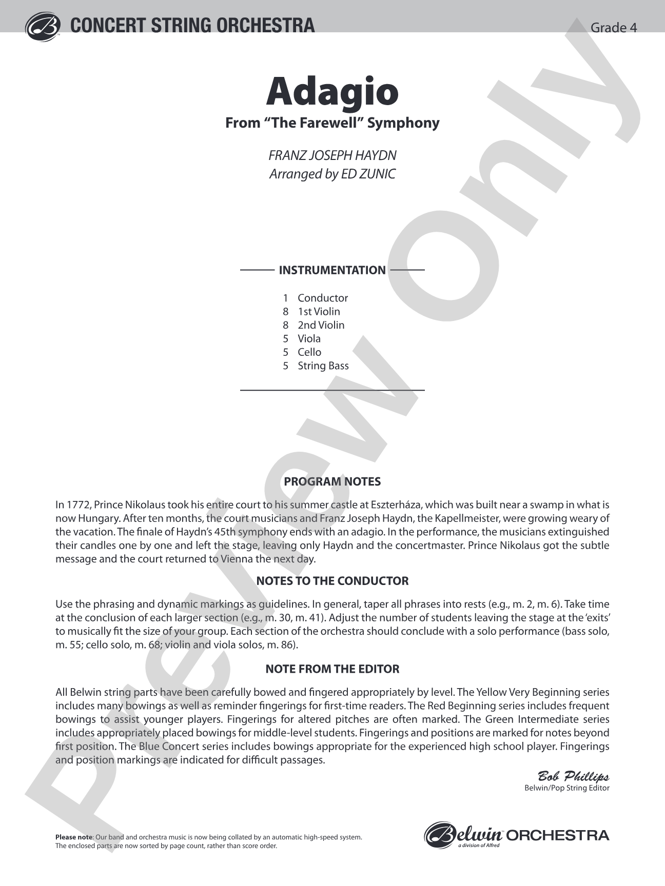 Adagio (from the Farewell Symphony): String Orchestra Conductor Score & Parts