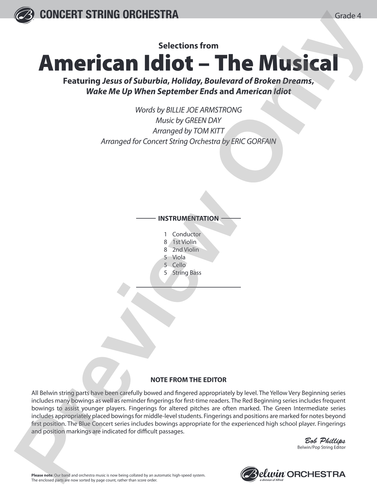 American Idiot -- The Musical, Selections from: String Orchestra Conductor Score & Parts