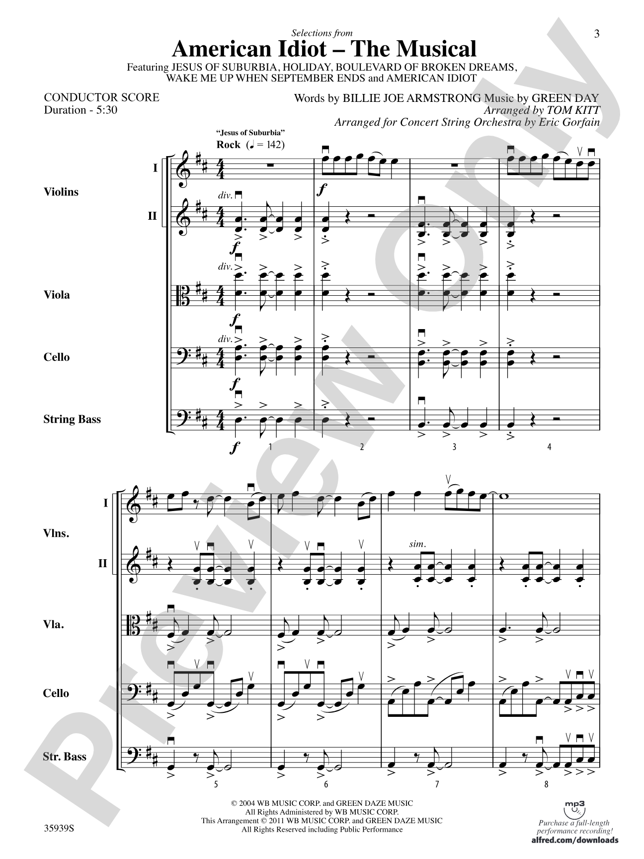 American Idiot -- The Musical, Selections from: String Orchestra Conductor Score & Parts