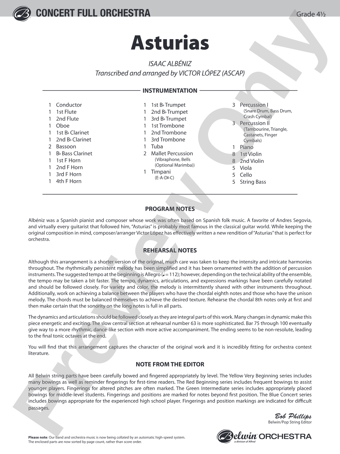 Asturias: Full Orchestra Conductor Score & Parts