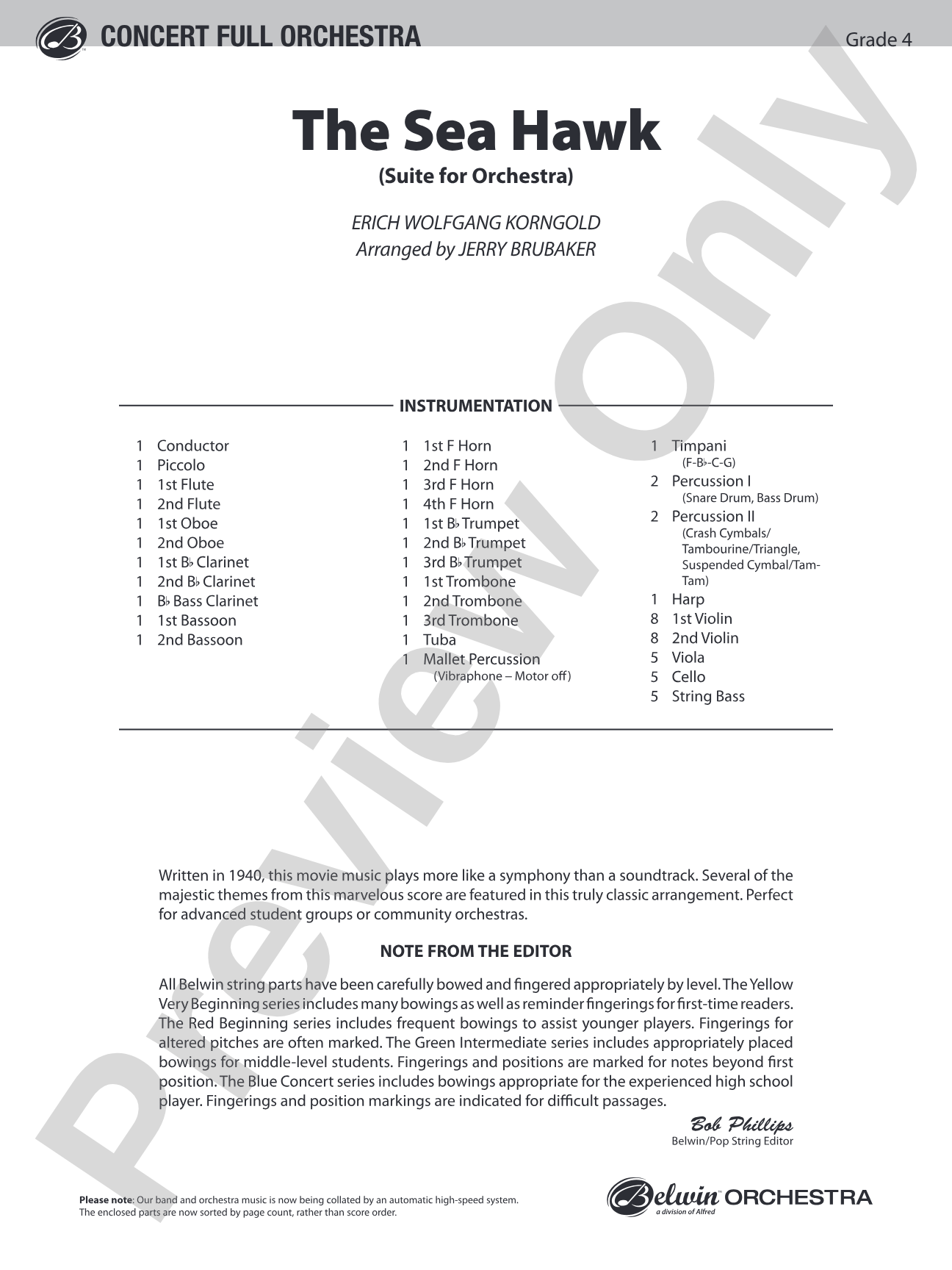 The Sea Hawk: Full Orchestra Conductor Score & Parts