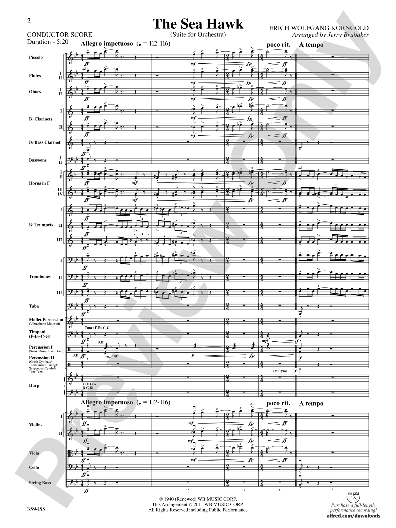 The Sea Hawk: Full Orchestra Conductor Score & Parts