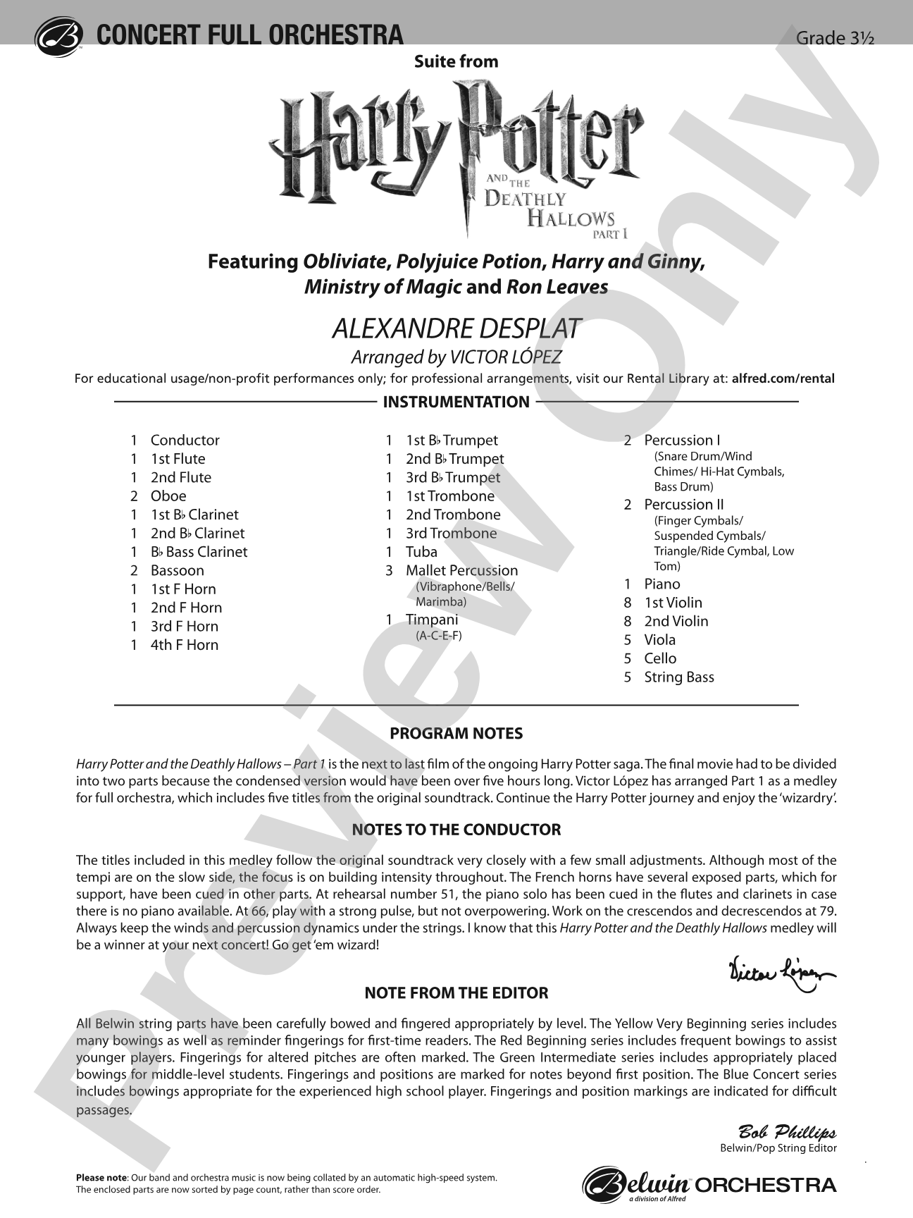 Harry Potter and the Deathly Hallows, Part 1, Suite from: Full Orchestra Conductor Score & Parts