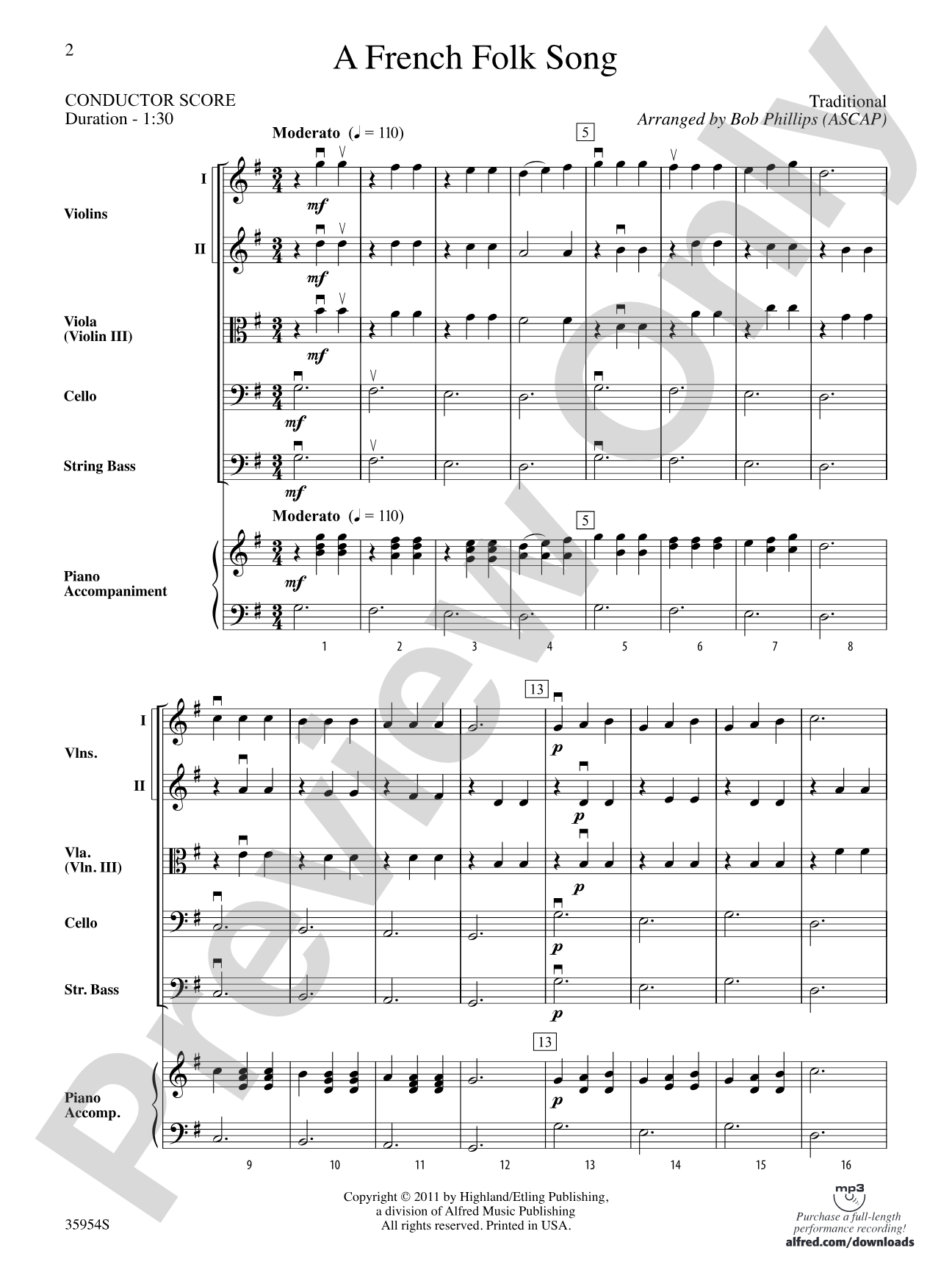 A French Folk Song: String Orchestra Conductor Score & Parts