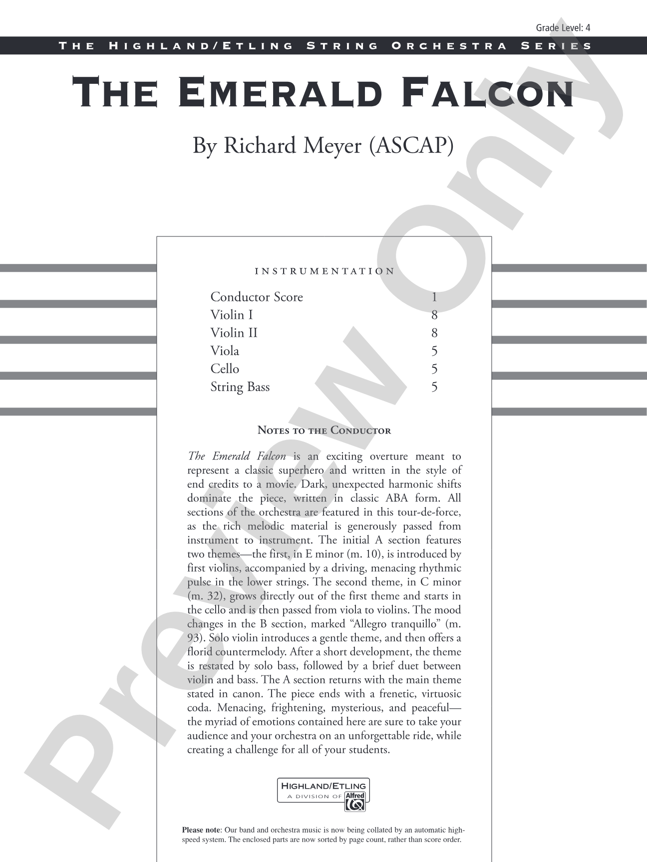 The Emerald Falcon: String Orchestra Conductor Score & Parts