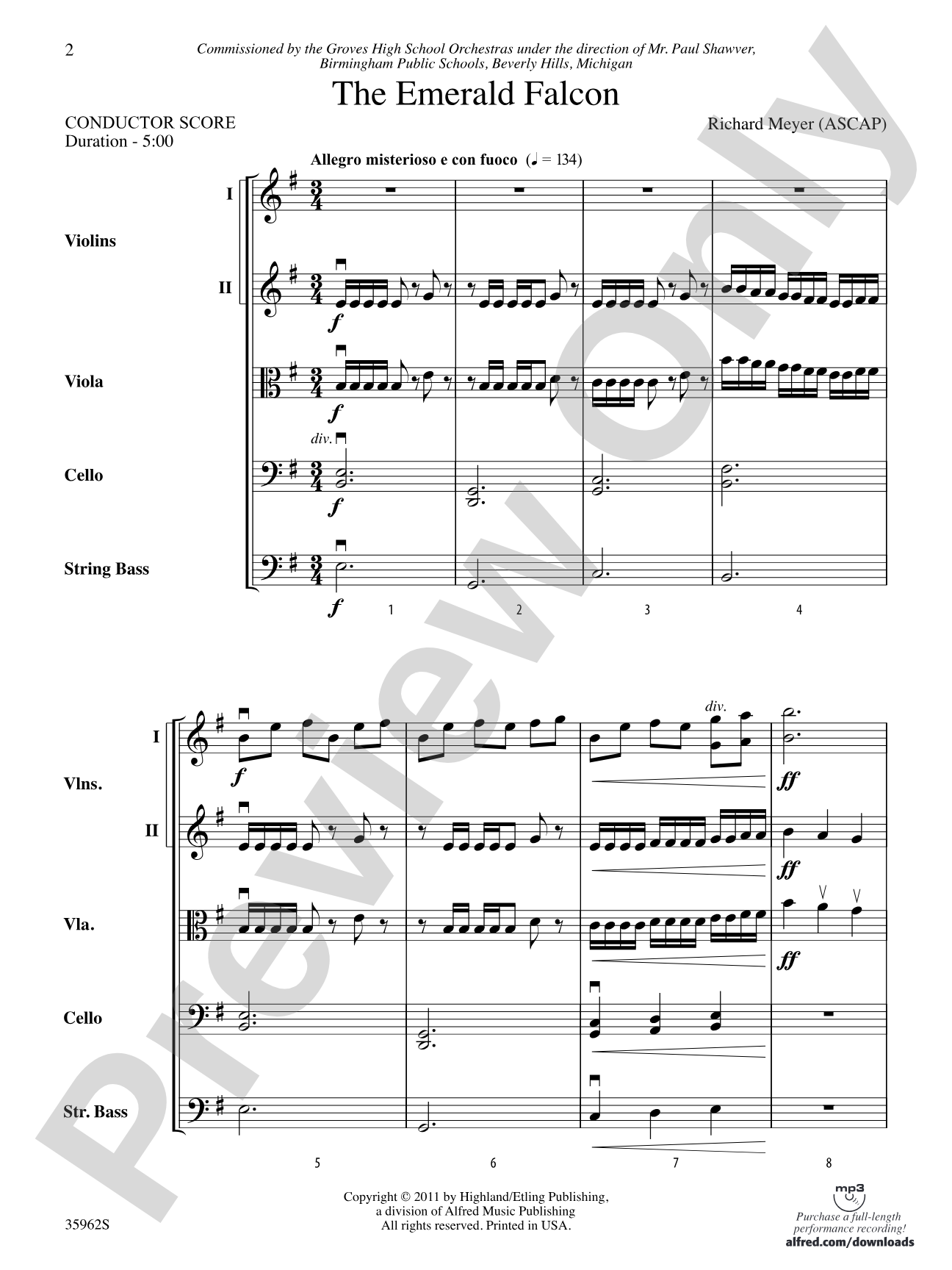 The Emerald Falcon: String Orchestra Conductor Score & Parts