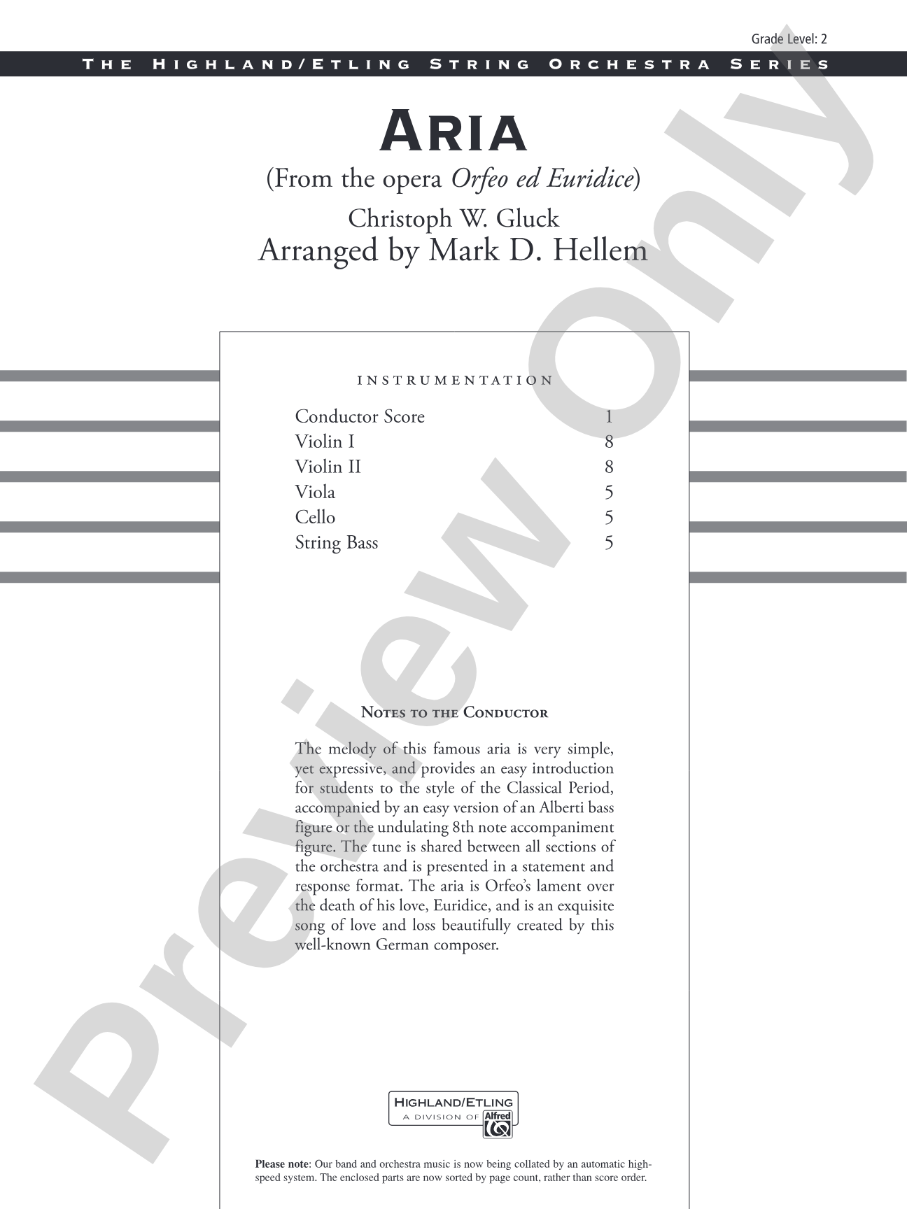Aria (from the opera Orfeo ed Euridice): String Orchestra Conductor Score & Parts
