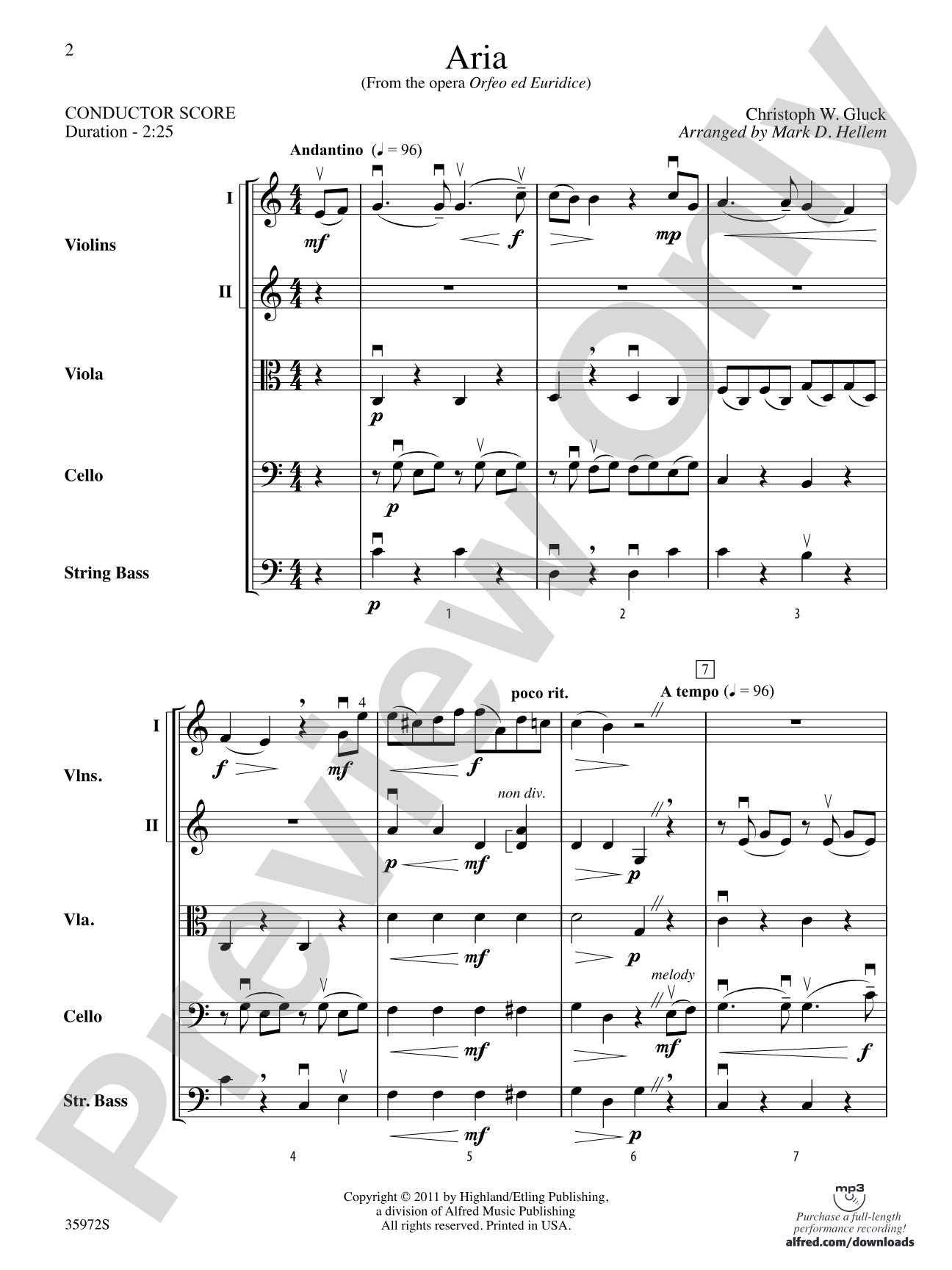 Aria (from the opera Orfeo ed Euridice): String Orchestra