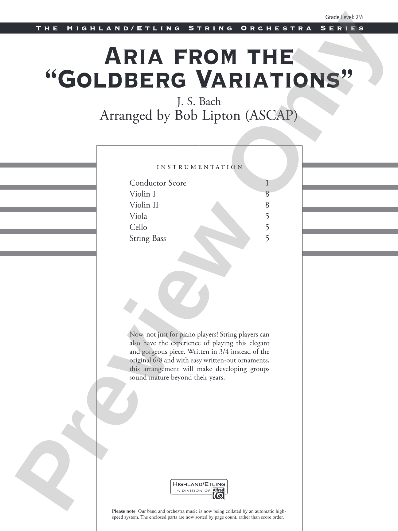 Aria from the Goldberg Variations: String Orchestra Conductor Score & Parts