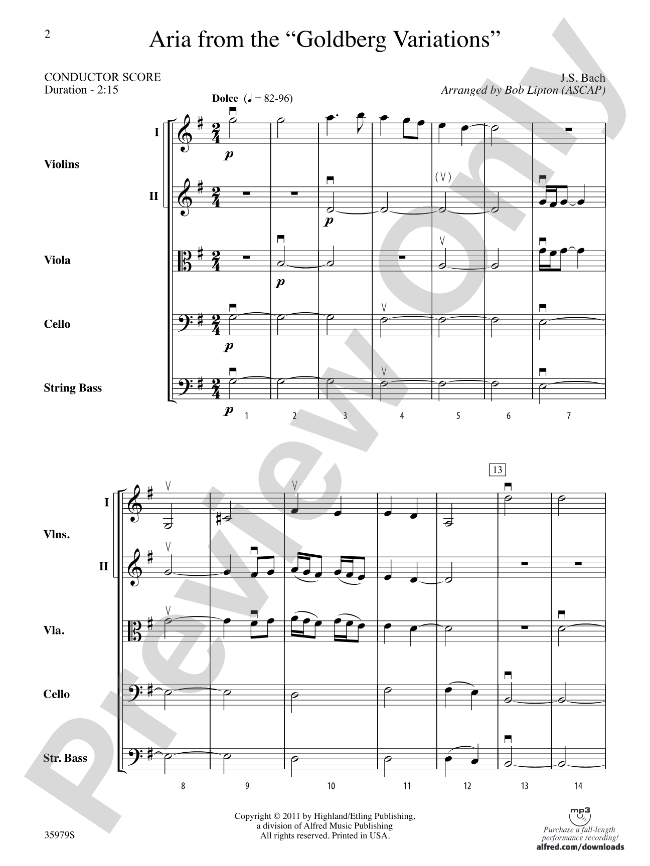 Aria from the Goldberg Variations: String Orchestra Conductor Score & Parts