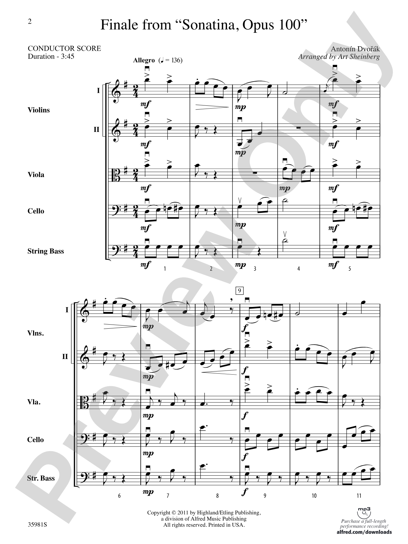 Finale from "Sonatina, Op. 100": String Orchestra Conductor Score & Parts