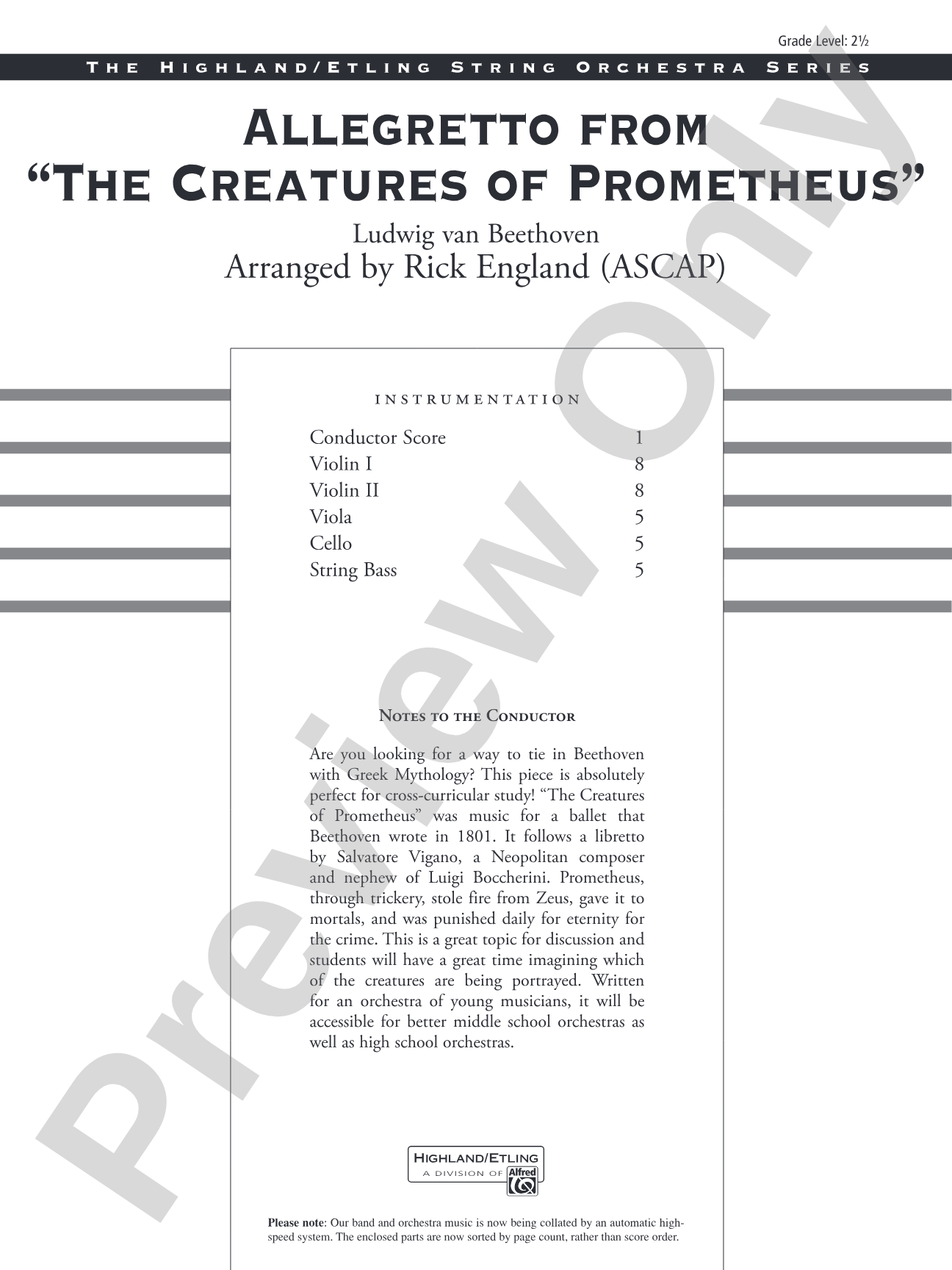 Allegretto from The Creatures of Prometheus: String Orchestra Conductor Score & Parts
