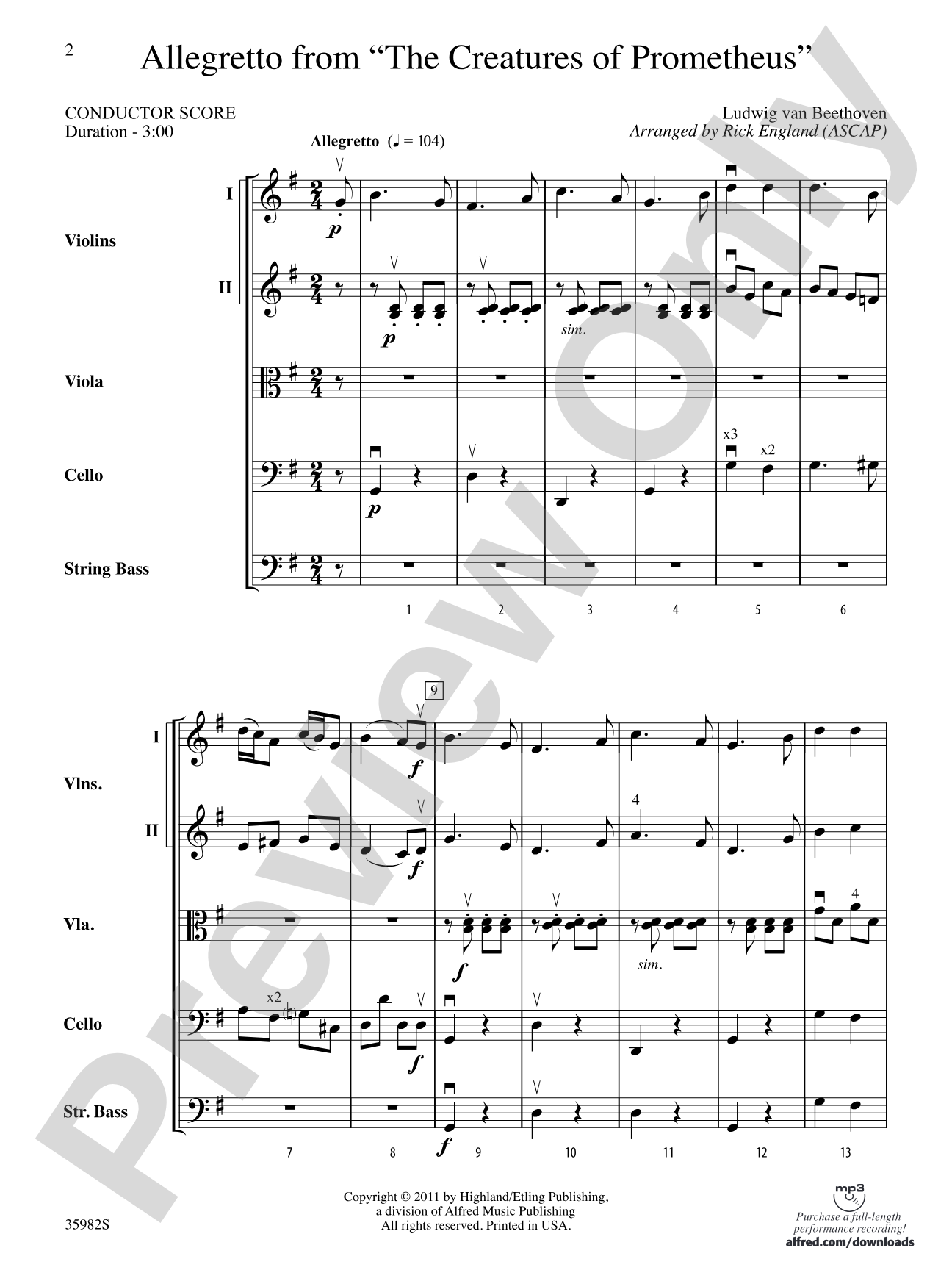 Allegretto from The Creatures of Prometheus: String Orchestra Conductor Score & Parts