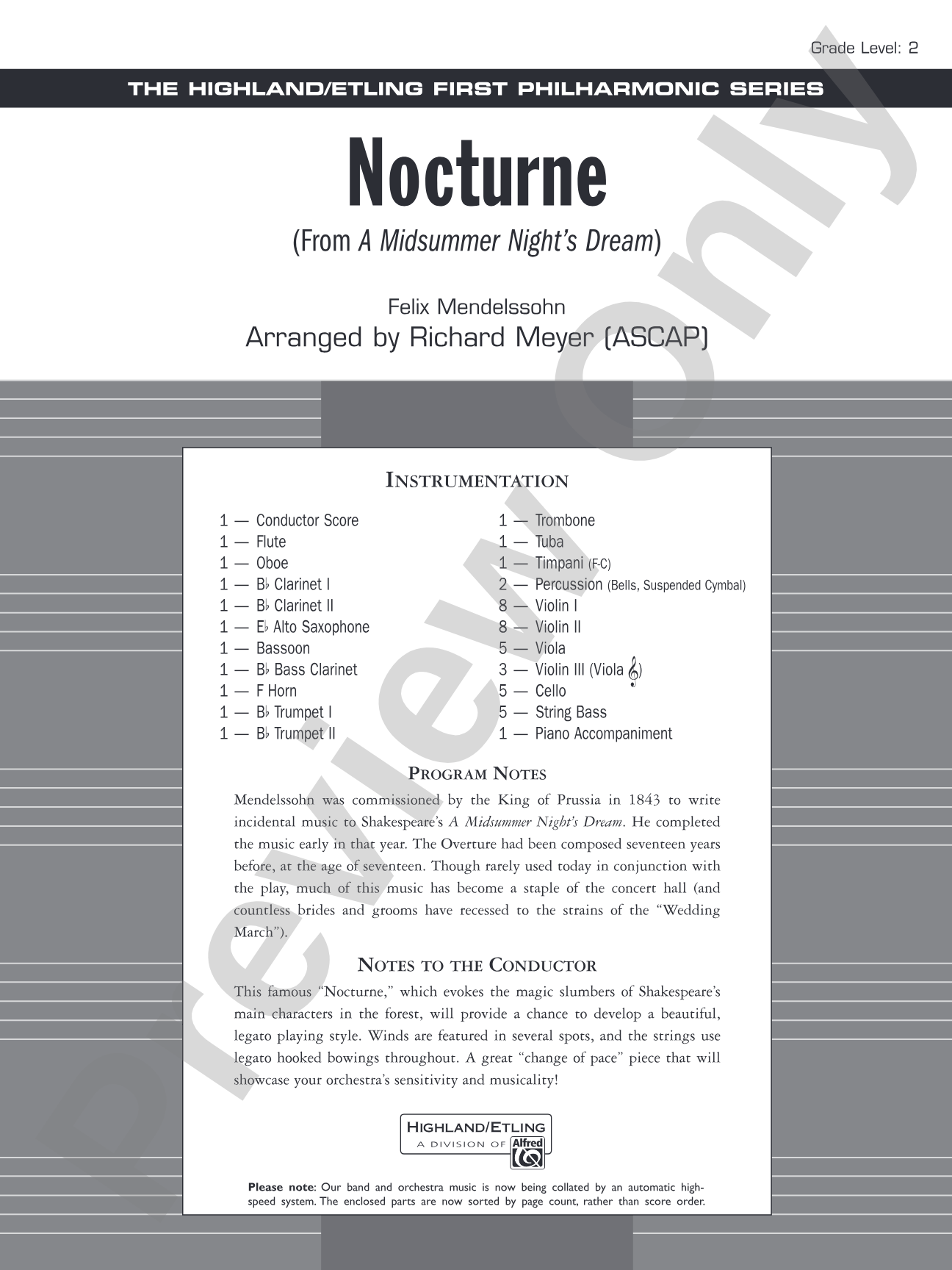 Nocturne (from A Midsummer Night's Dream): Full Orchestra Conductor Score & Parts
