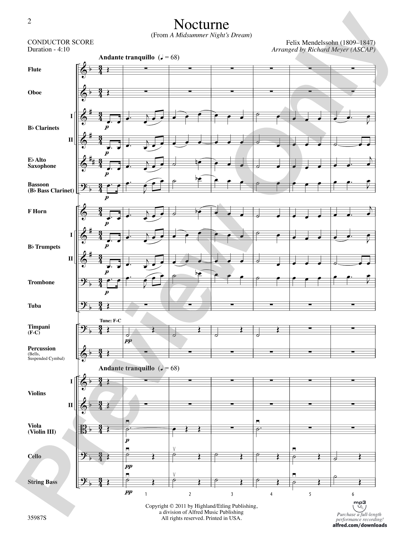 Nocturne (from A Midsummer Night's Dream): Full Orchestra Conductor Score & Parts