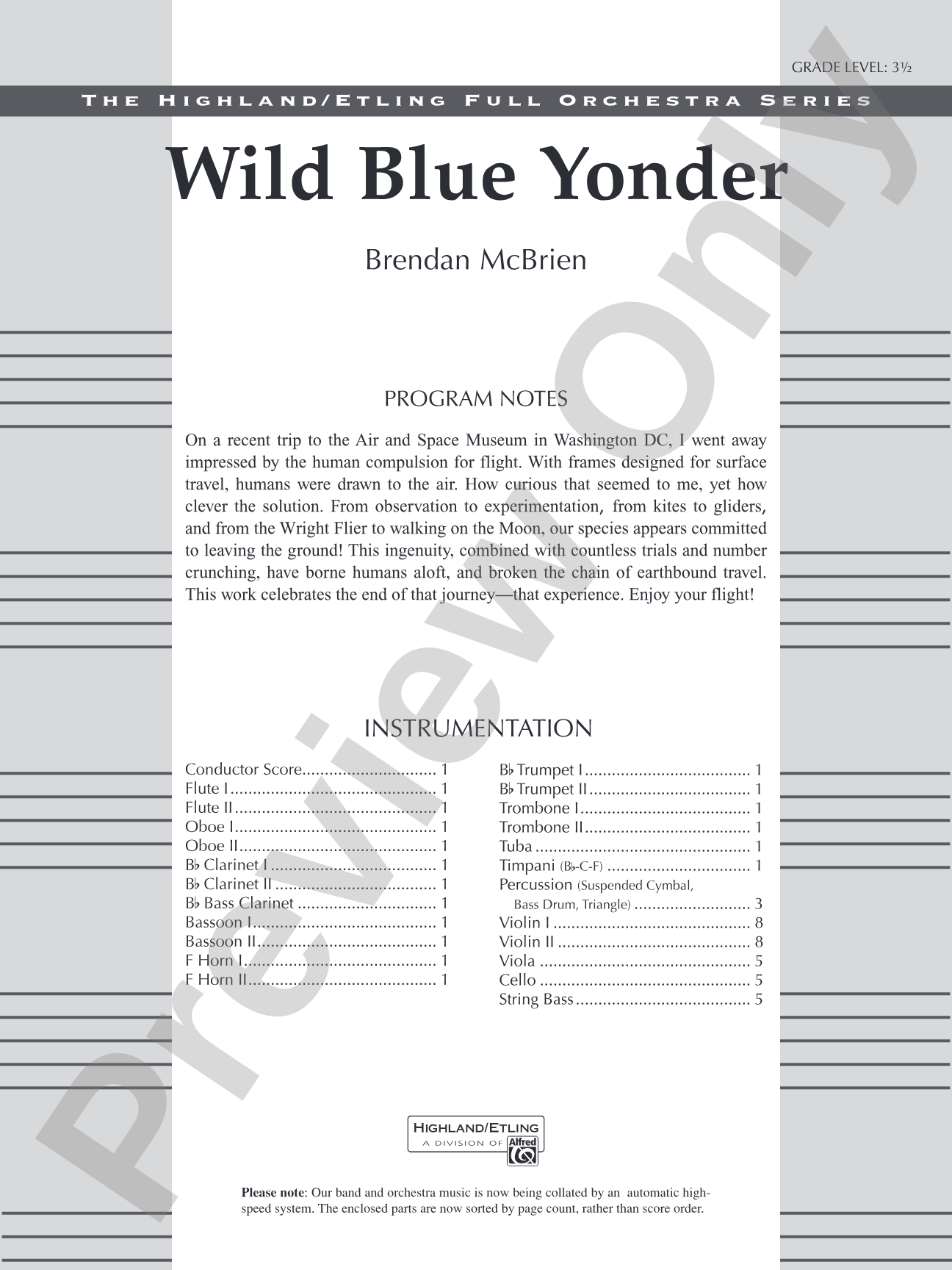 Wild Blue Yonder: Full Orchestra Conductor Score & Parts