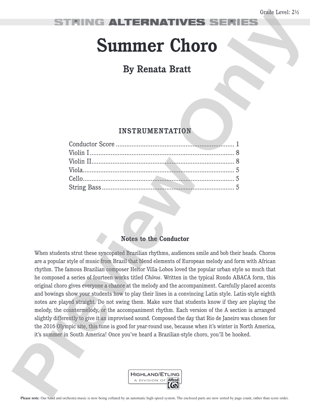 Summer Choro: String Orchestra Conductor Score & Parts
