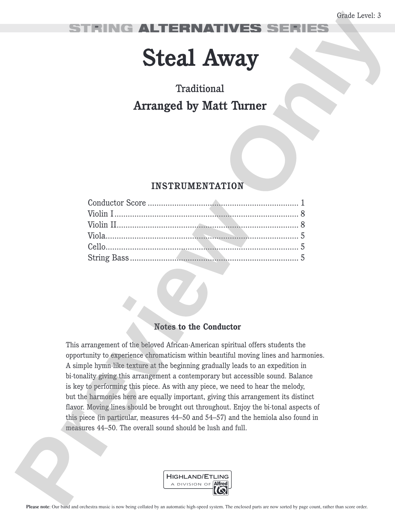 Steal Away: String Orchestra Conductor Score & Parts