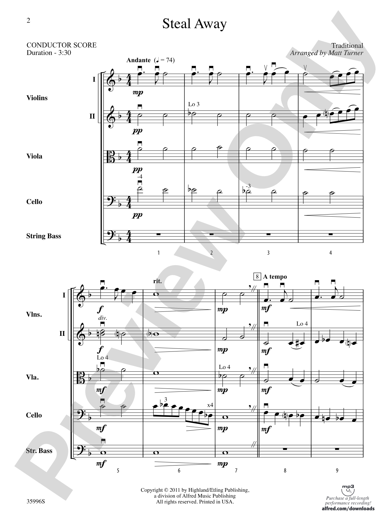 Steal Away: String Orchestra Conductor Score & Parts