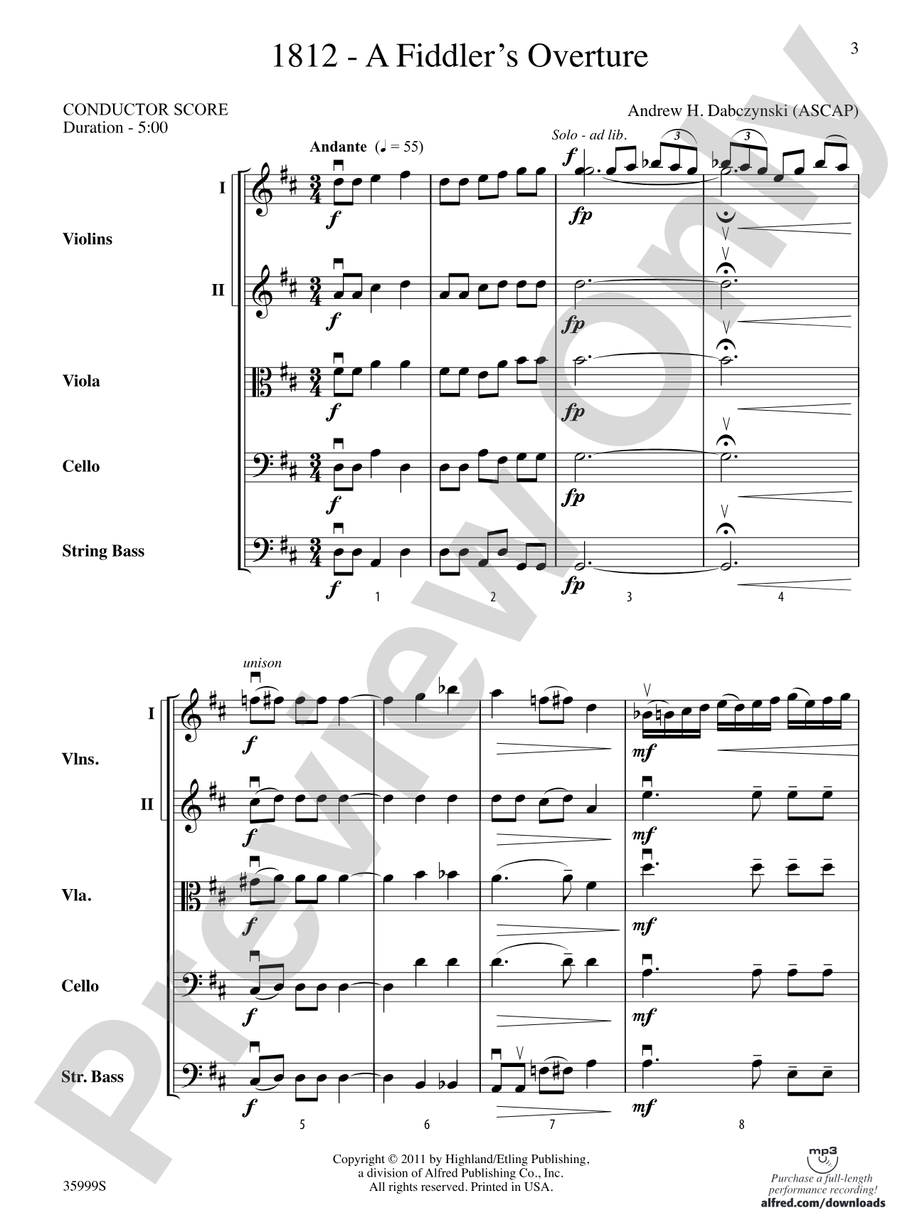 1812 -- A Fiddler's Overture: String Orchestra Conductor Score & Parts
