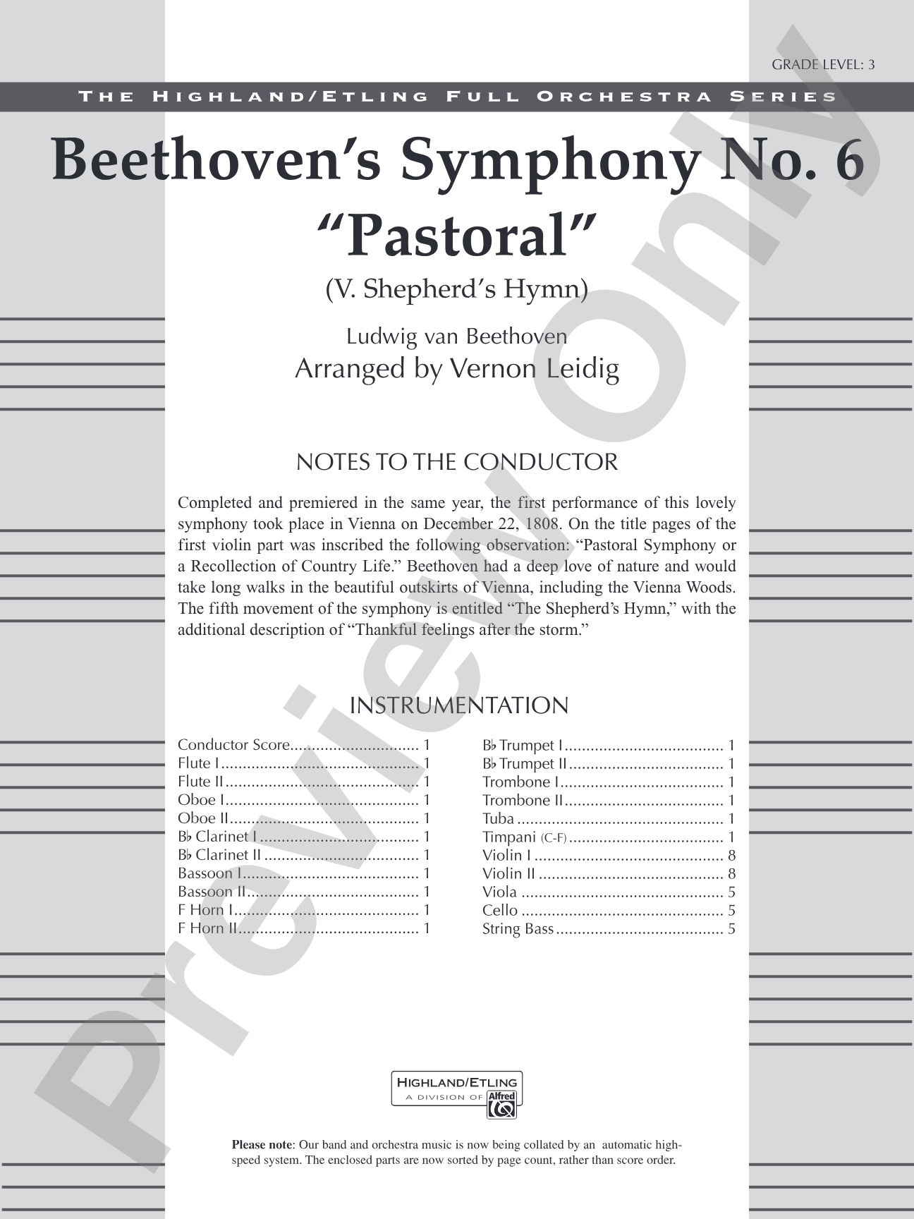 Beethoven's Symphony No. 6 "Pastoral": Full Orchestra Conductor Score & Parts