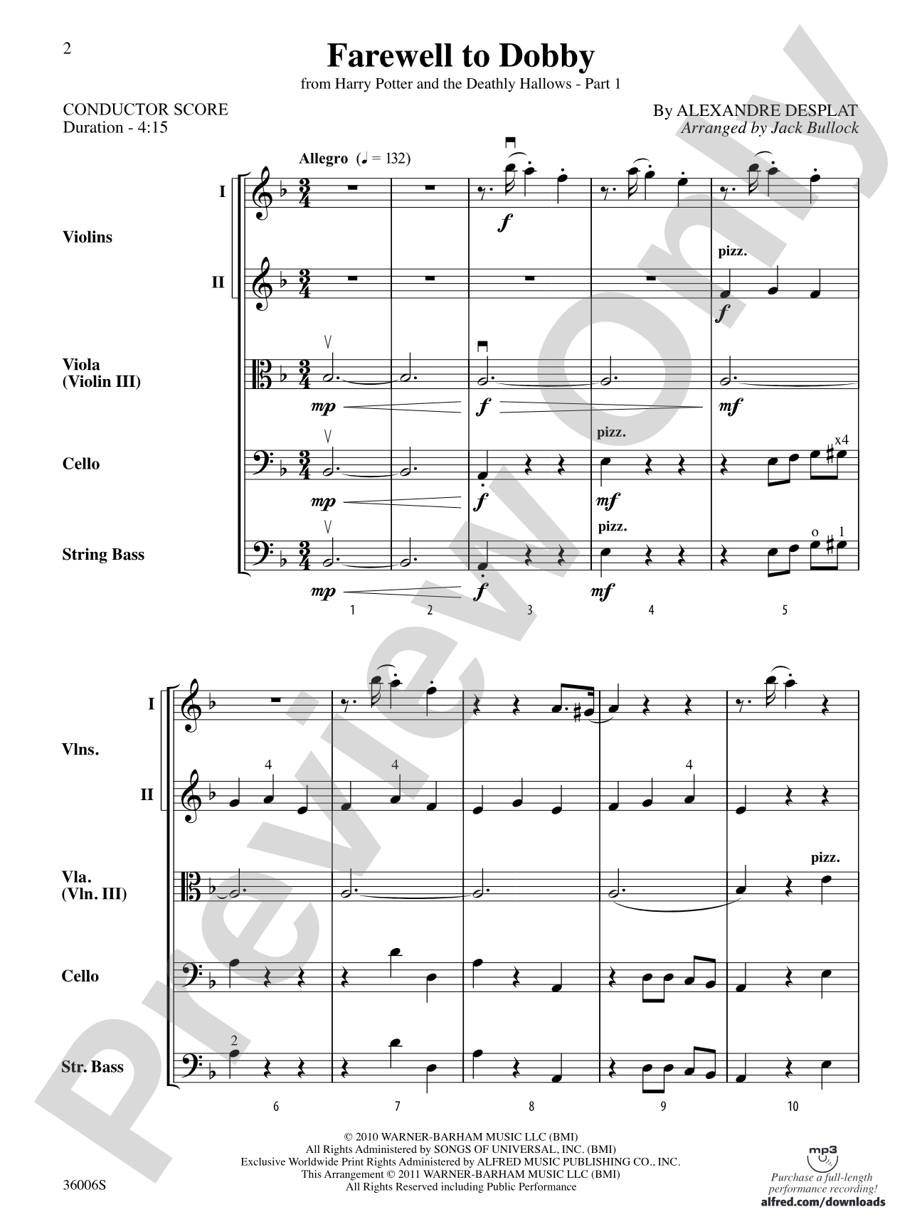 Farewell to Dobby (from Harry Potter and the Deathly Hallows, Part 1): String Orchestra Conductor Score & Parts