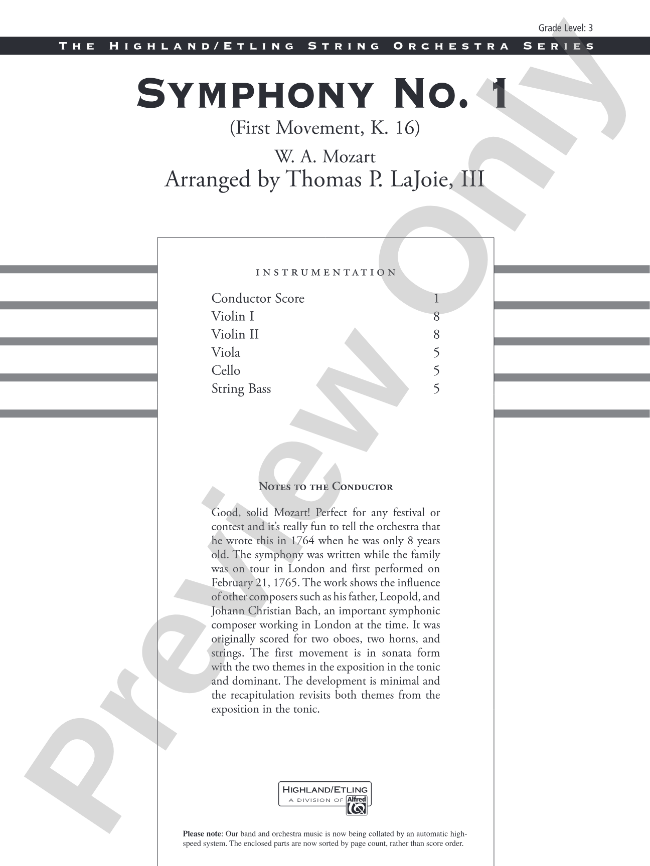 Symphony No. 1: String Orchestra Conductor Score & Parts