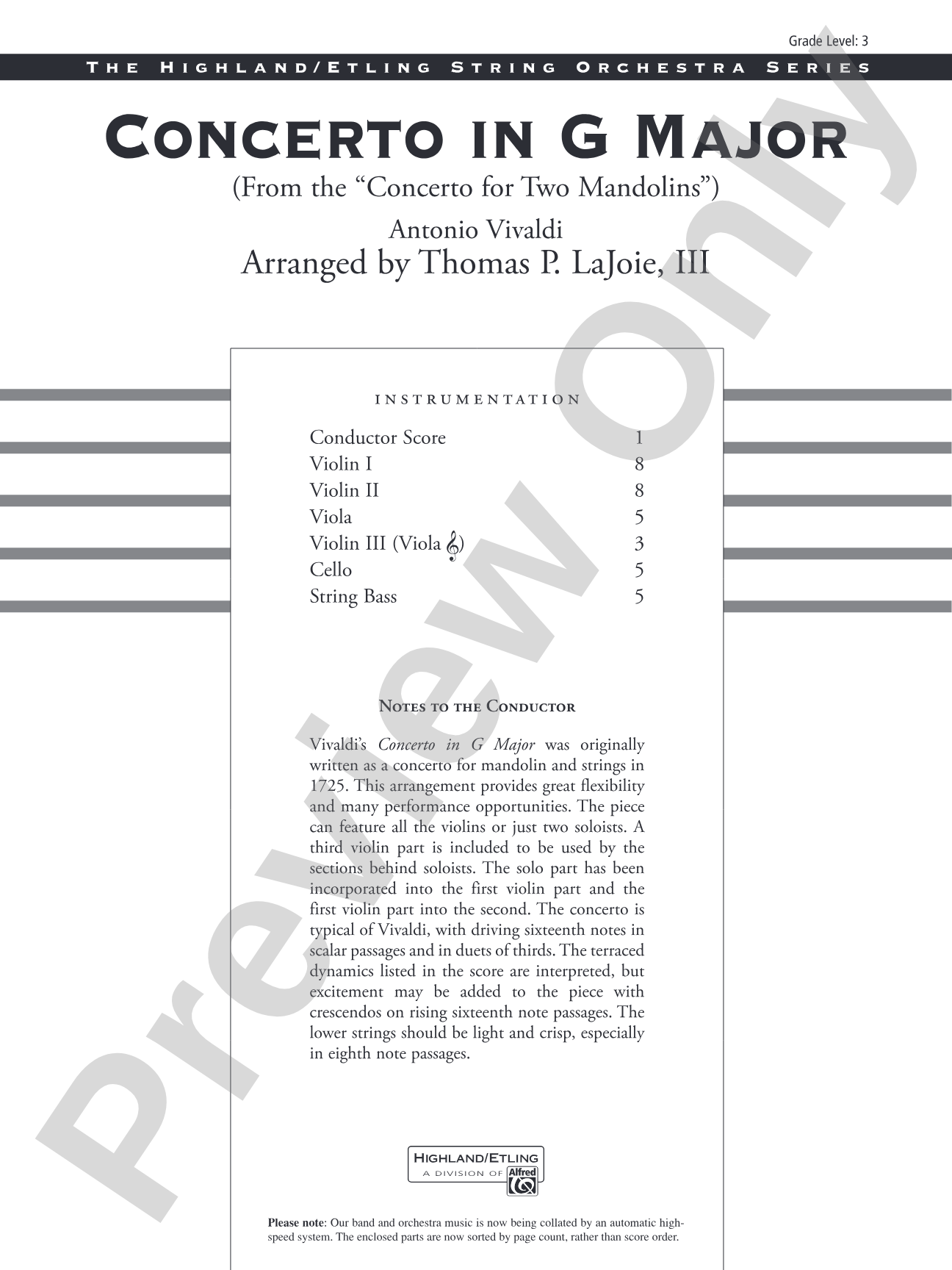 Concerto in G Major (from the Concerto for Two Mandolins): String Orchestra Conductor Score & Parts