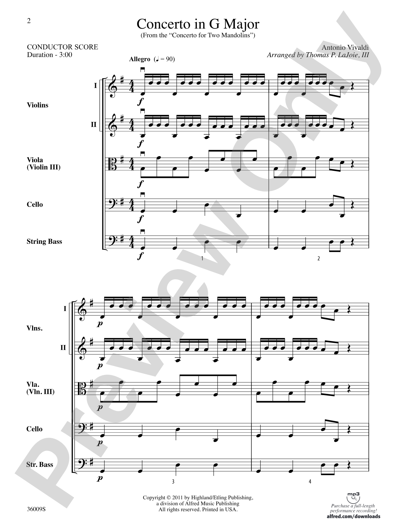 Concerto in G Major (from the Concerto for Two Mandolins): String Orchestra Conductor Score & Parts
