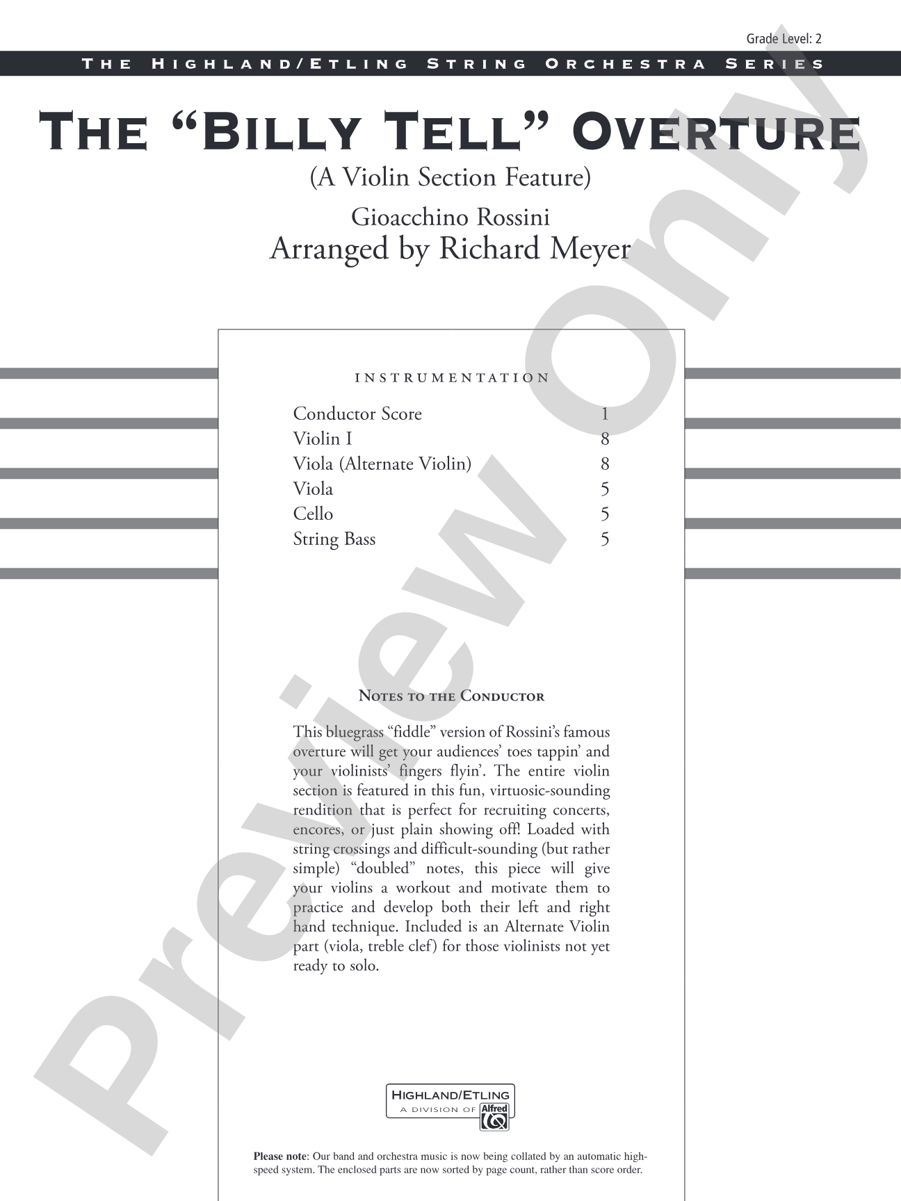 The "Billy Tell" Overture: String Orchestra Conductor Score & Parts