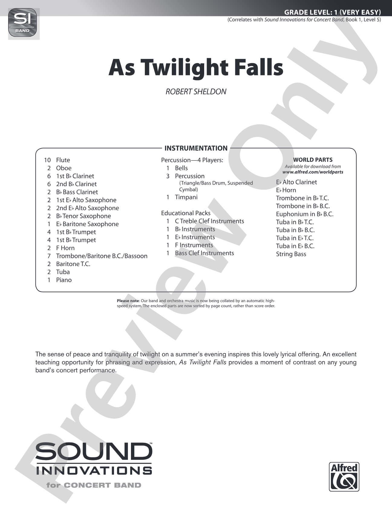 As Twilight Falls: Concert Band Conductor Score & Parts