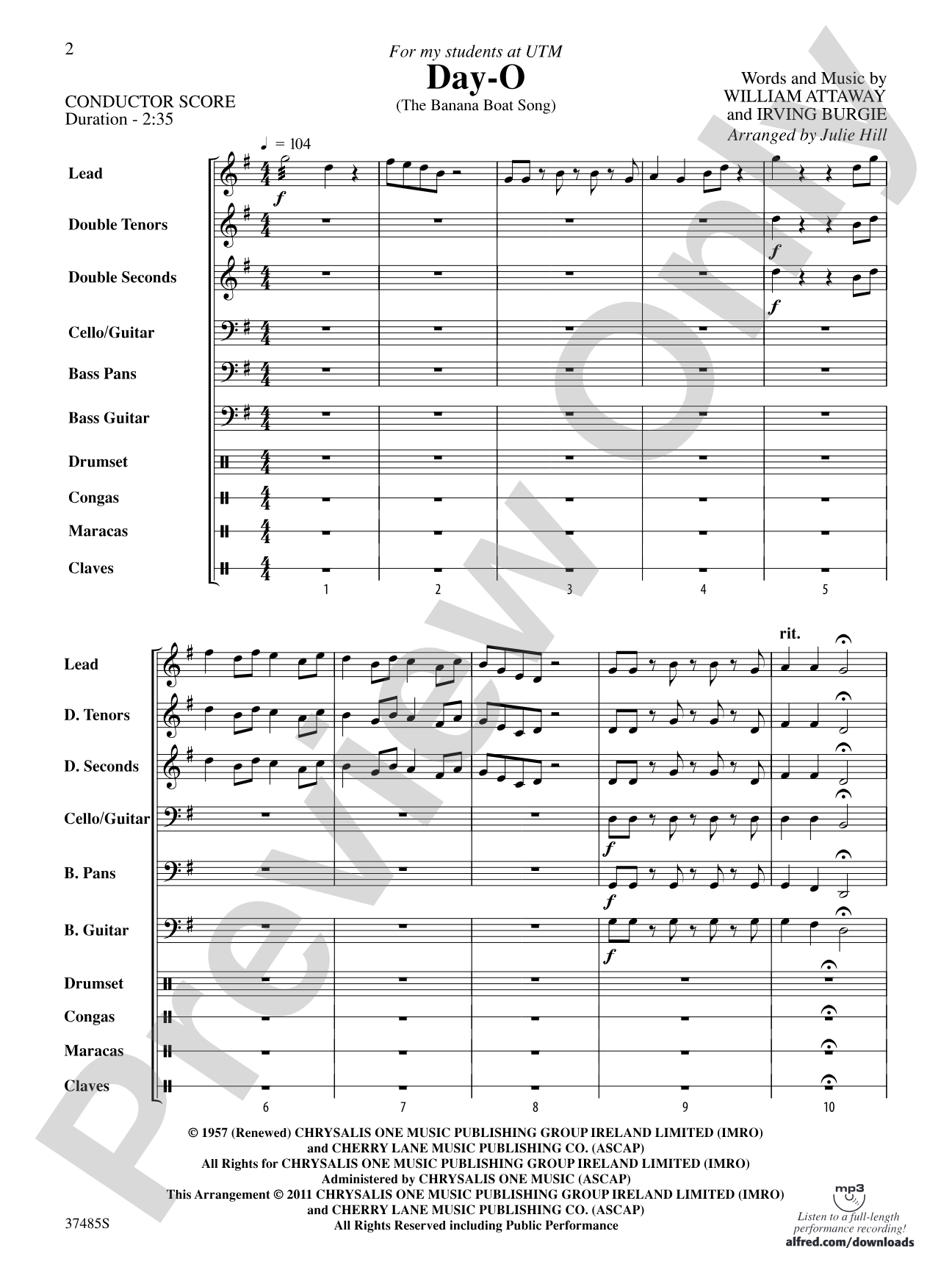 Day-O (The Banana Boat Song): Score