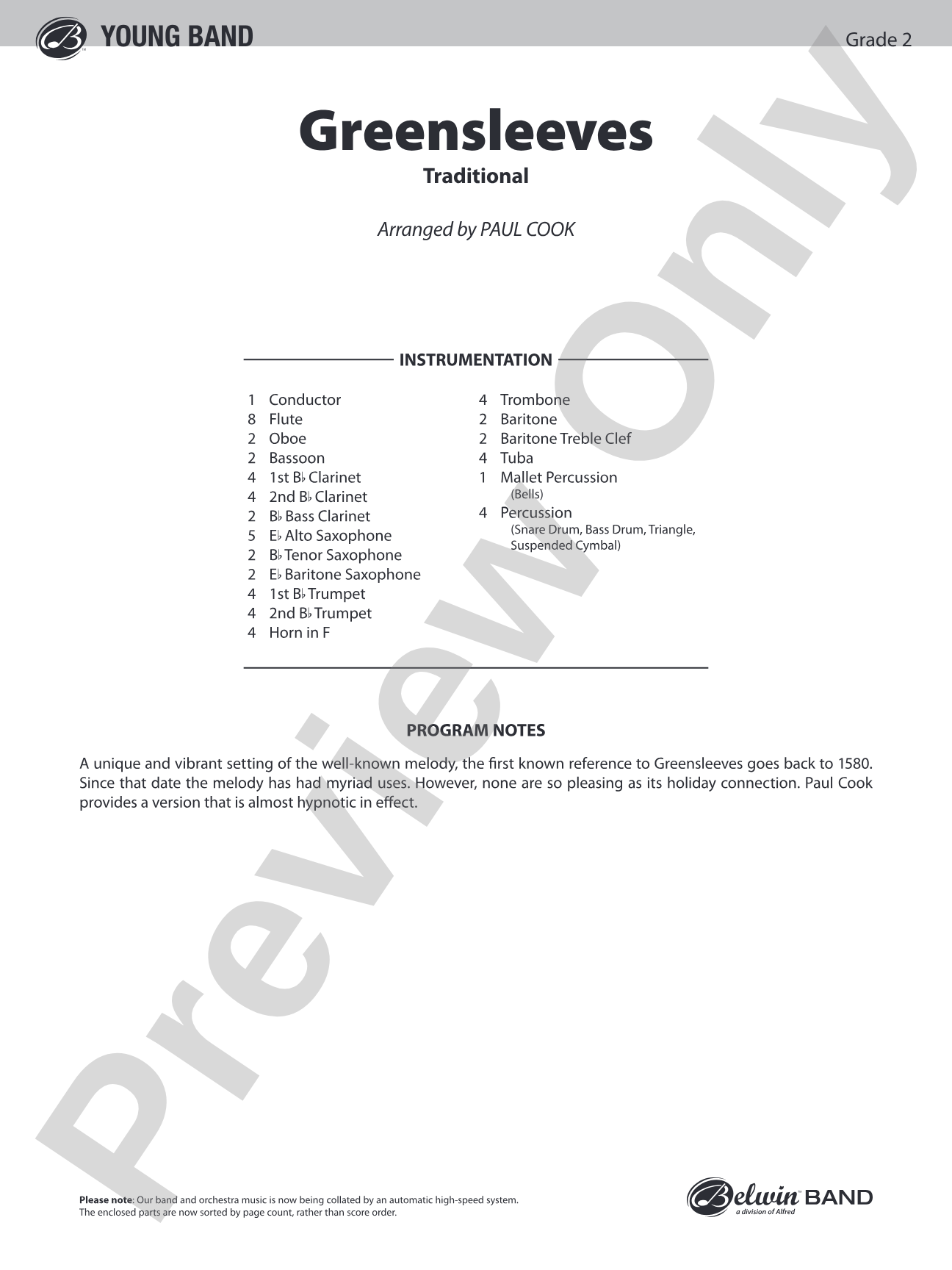 Greensleeves: Concert Band Conductor Score & Parts