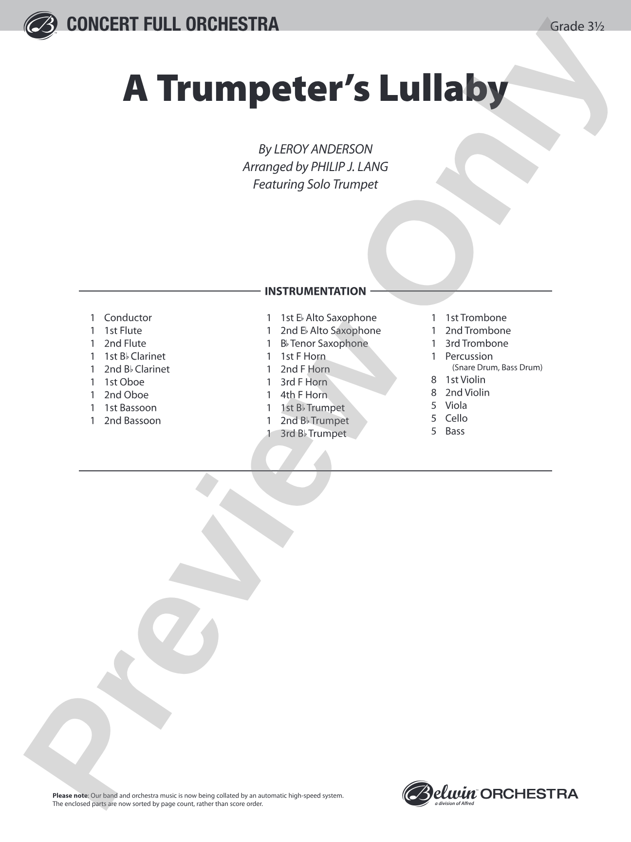 Trumpeter's Lullaby: Full Orchestra Conductor Score & Parts