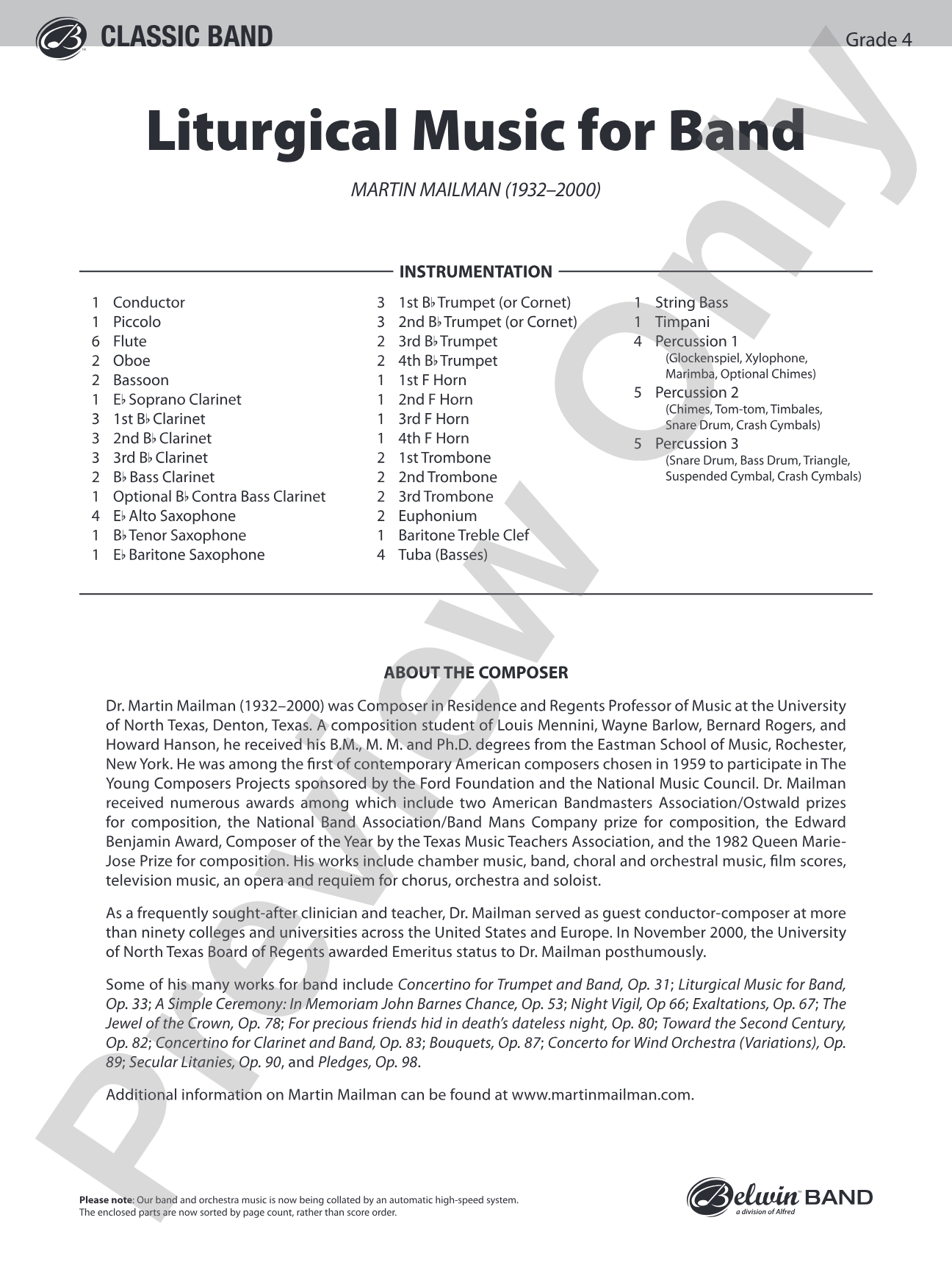 Liturgical Music for Band, Op. 33: Concert Band Conductor Score & Parts