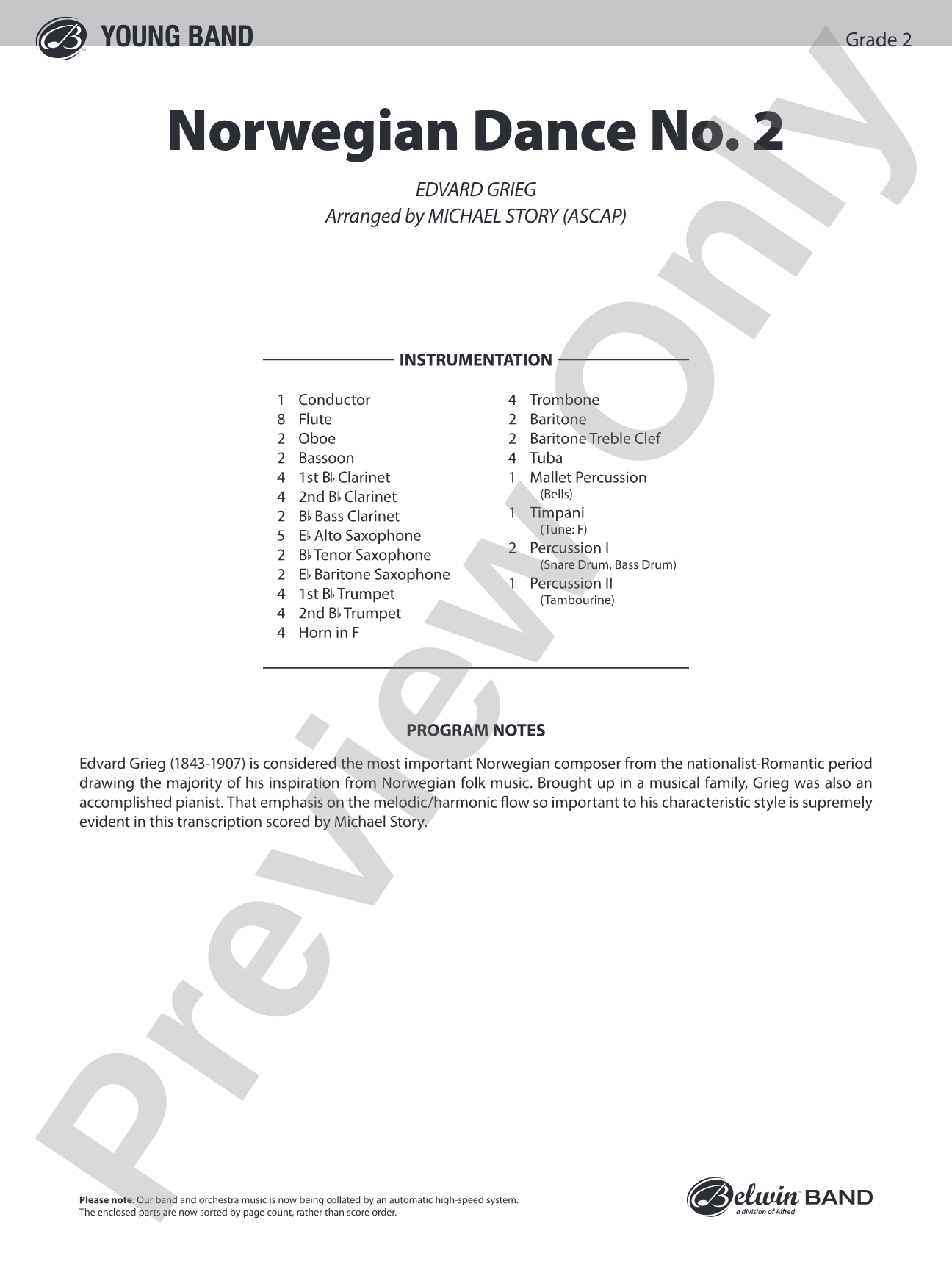 Norwegian Dance No. 2: Concert Band Conductor Score & Parts