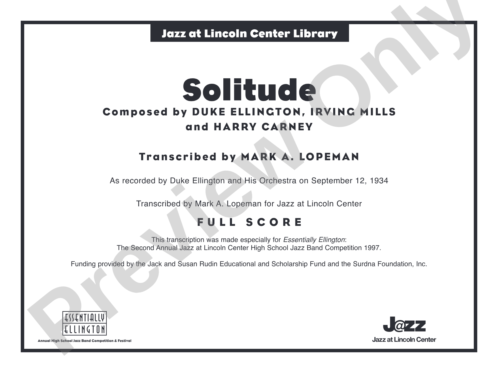 Solitude: Jazz Ensemble Conductor Score & Parts