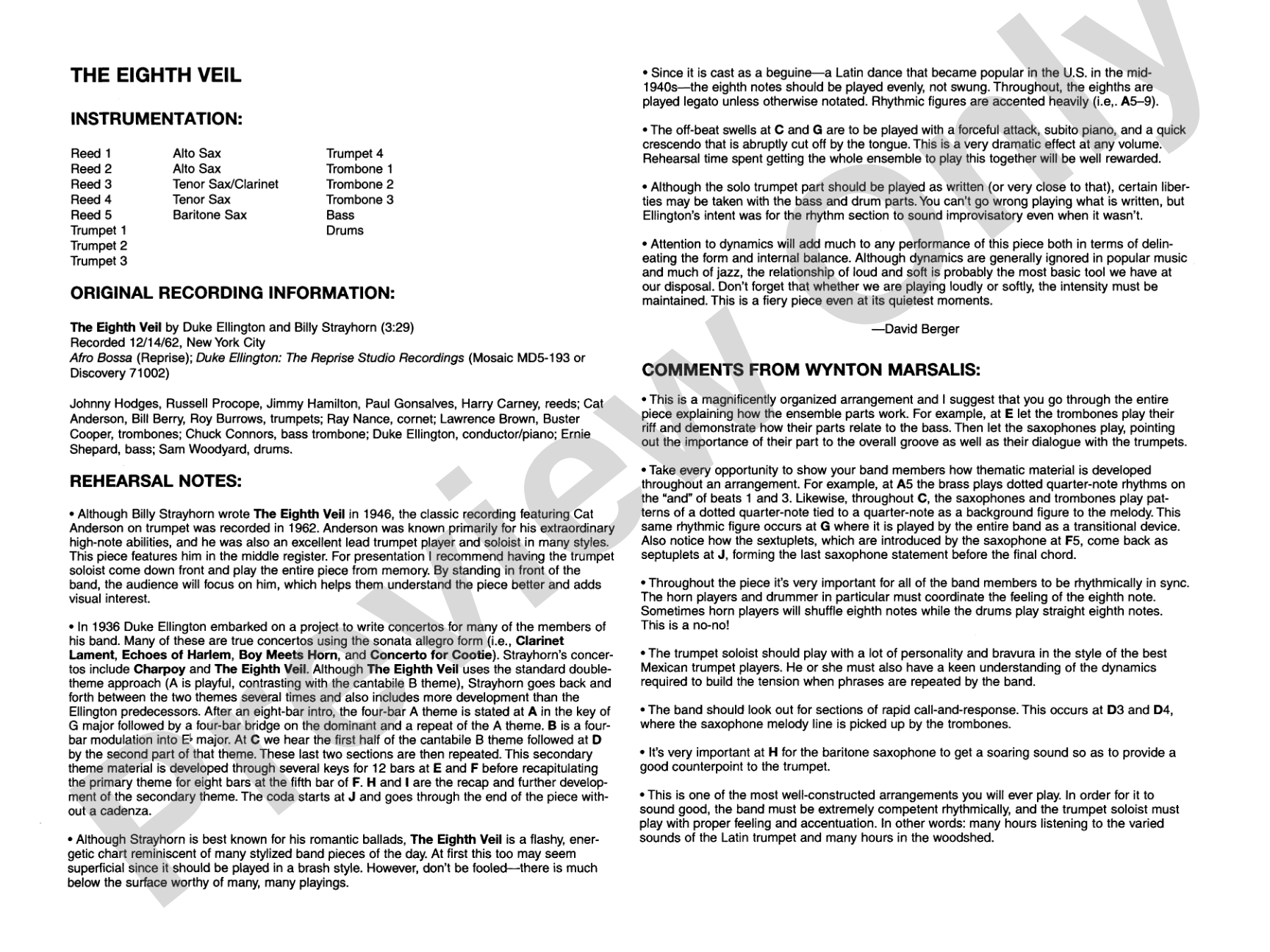 The Eighth Veil: Jazz Ensemble Conductor Score & Parts